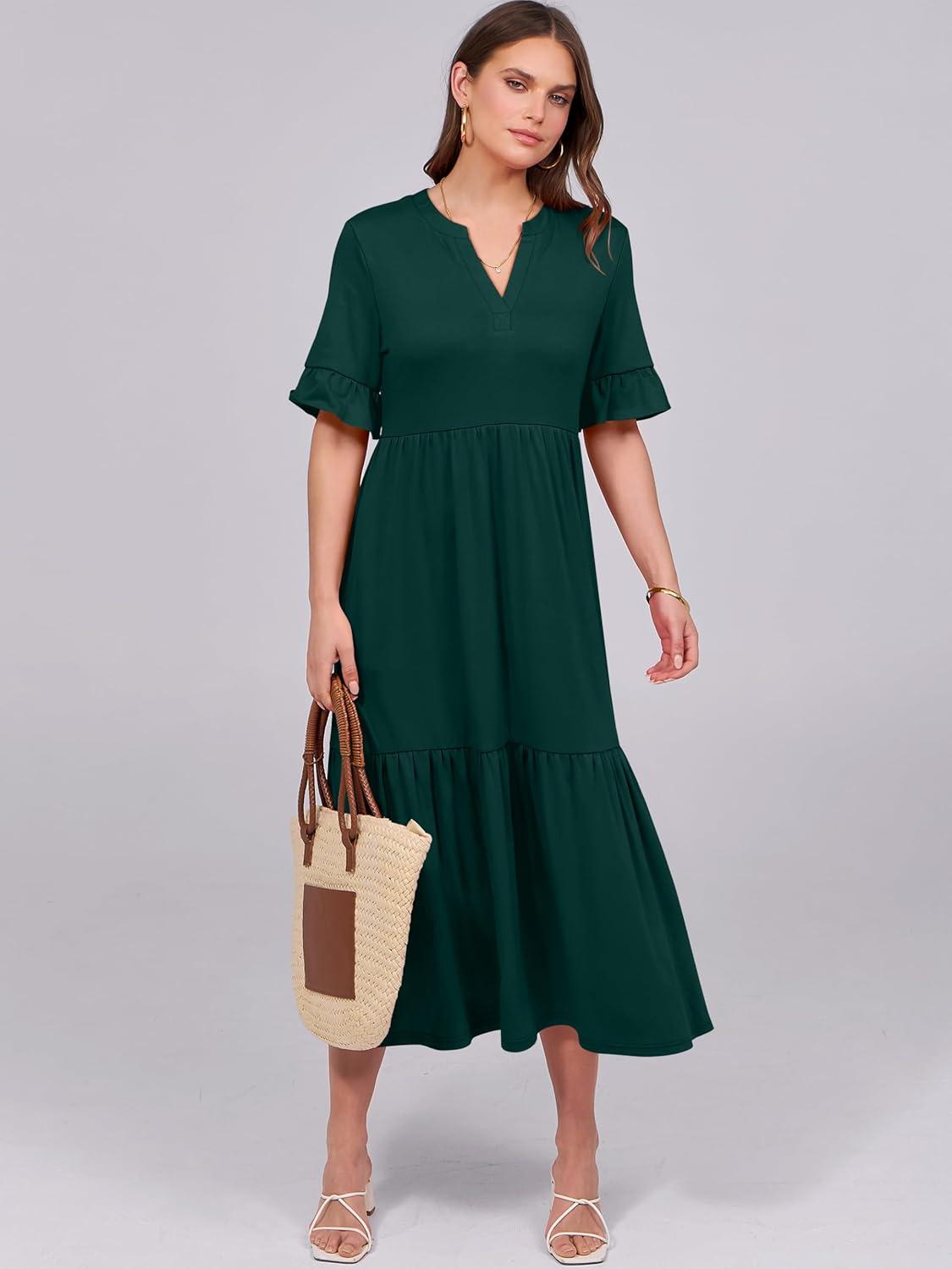 imageANRABESS Womens Casual Summer Ruffle Short Sleeve T Shirts Maxi Dress 2025 Fall V Neck Flowy Tiered Boho Beach DressesDark Green