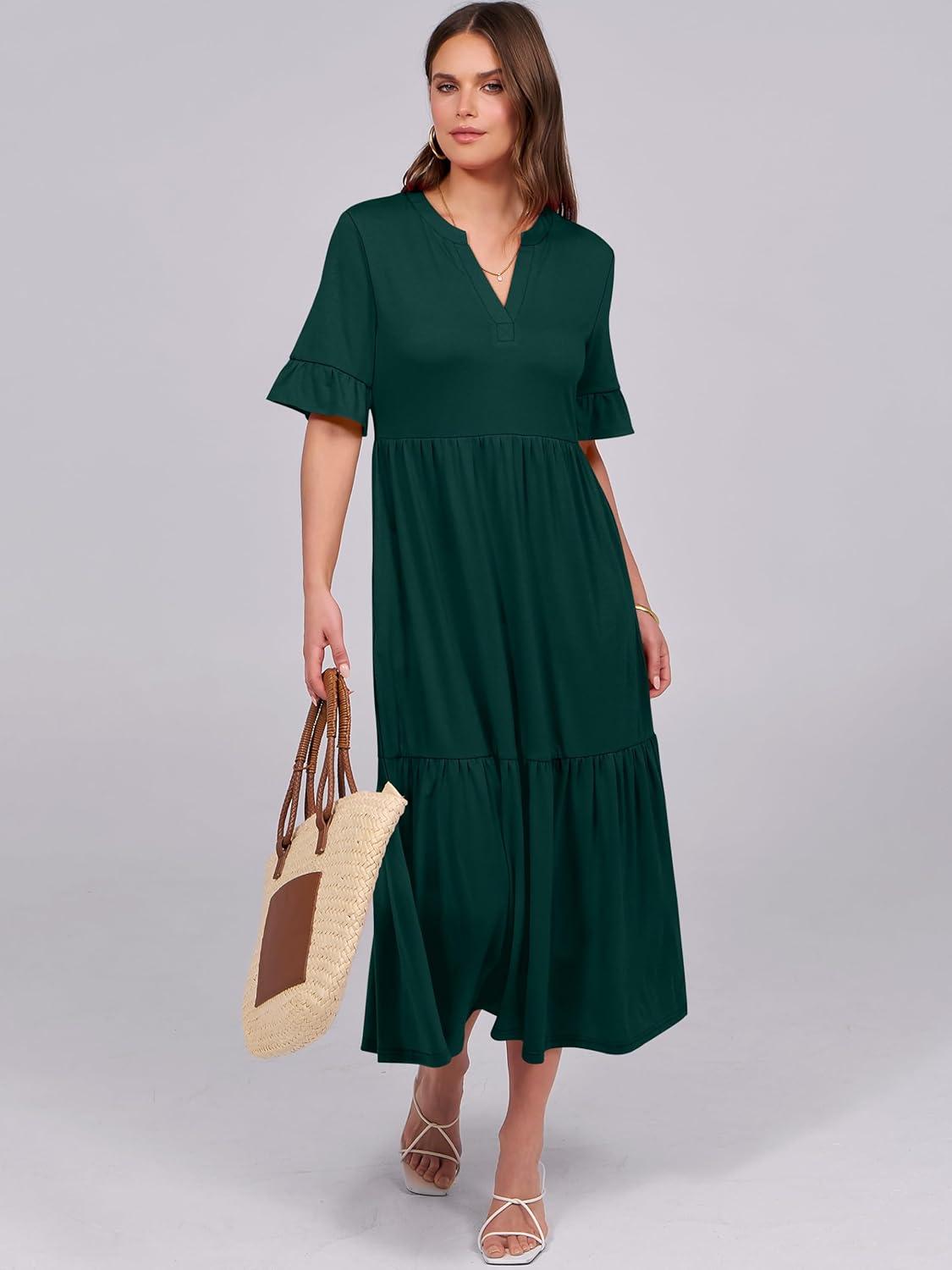 imageANRABESS Womens Casual Summer Ruffle Short Sleeve T Shirts Maxi Dress 2025 Fall V Neck Flowy Tiered Boho Beach DressesDark Green
