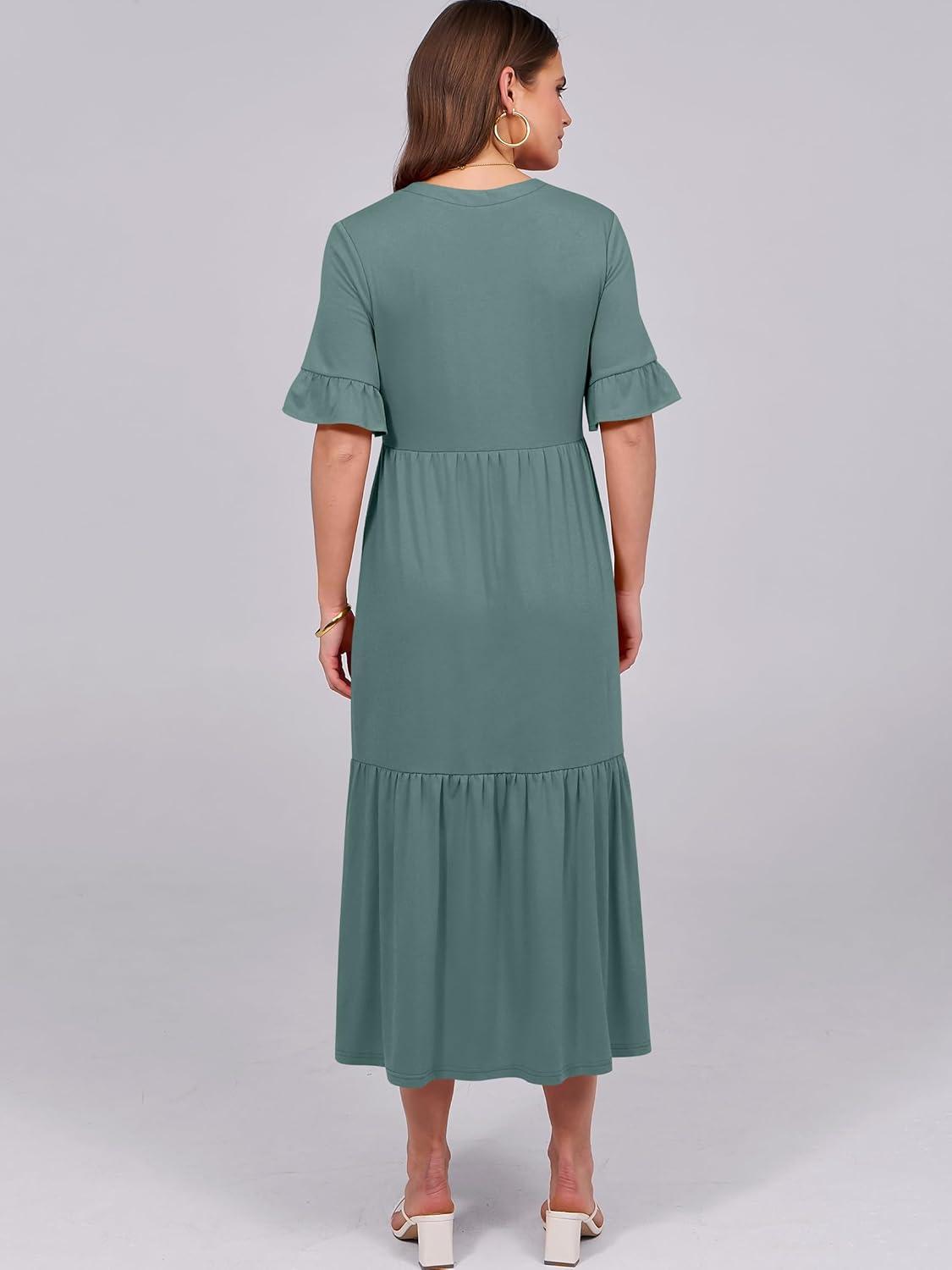 imageANRABESS Womens Casual Summer Ruffle Short Sleeve T Shirts Maxi Dress 2025 Fall V Neck Flowy Tiered Boho Beach DressesGreen