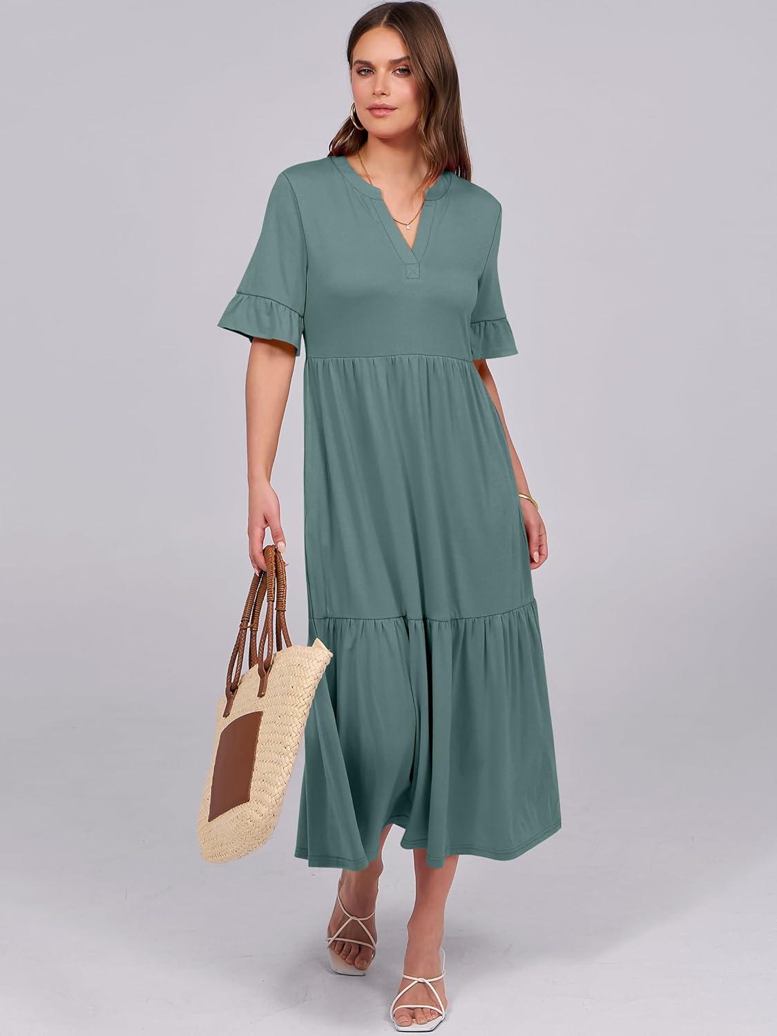 imageANRABESS Womens Casual Summer Ruffle Short Sleeve T Shirts Maxi Dress 2025 Fall V Neck Flowy Tiered Boho Beach DressesGreen