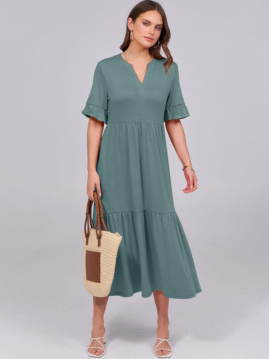 imageANRABESS Womens Casual Summer Ruffle Short Sleeve T Shirts Maxi Dress 2025 Fall V Neck Flowy Tiered Boho Beach DressesGreen