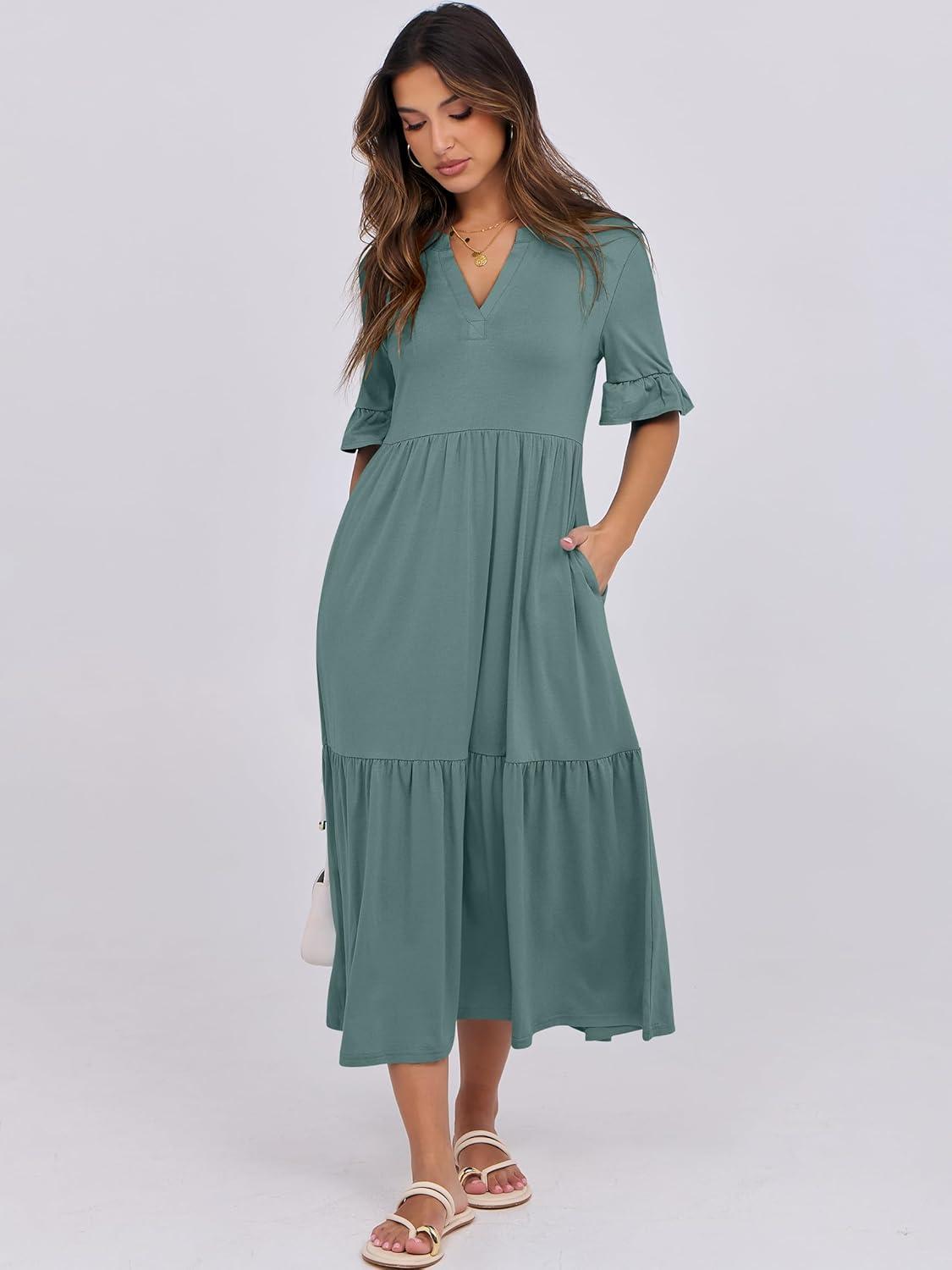 imageANRABESS Womens Casual Summer Ruffle Short Sleeve T Shirts Maxi Dress 2025 Fall V Neck Flowy Tiered Boho Beach DressesGreen