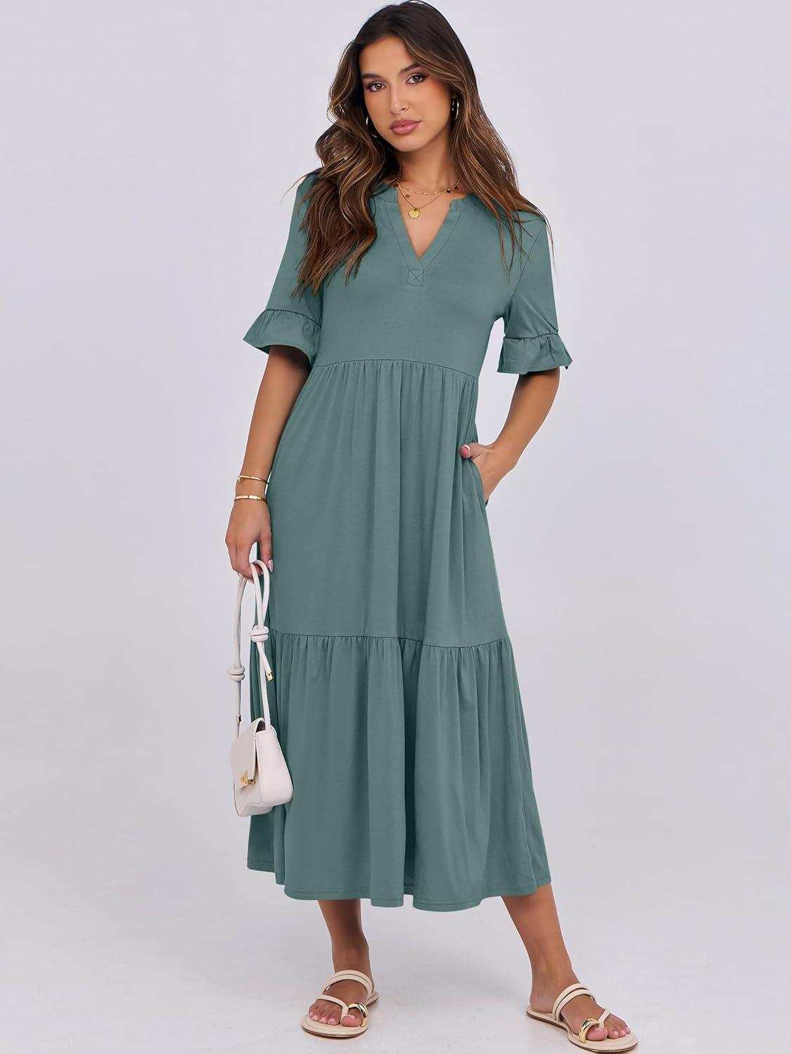 imageANRABESS Womens Casual Summer Ruffle Short Sleeve T Shirts Maxi Dress 2025 Fall V Neck Flowy Tiered Boho Beach DressesGreen