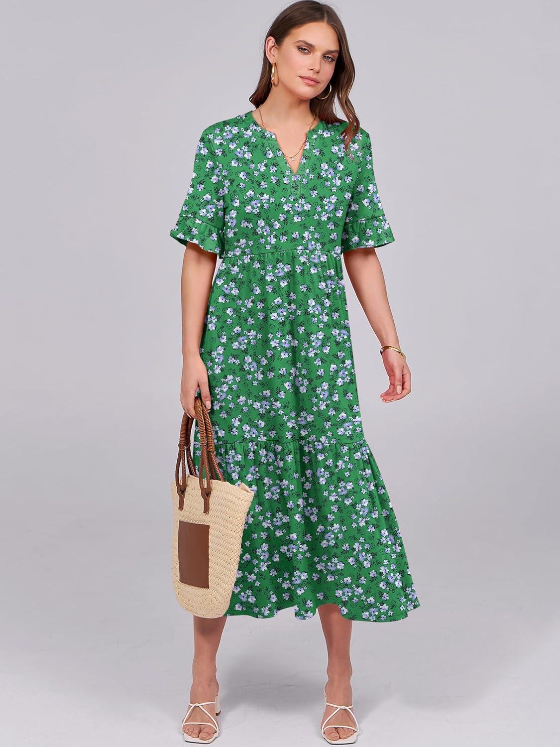 imageANRABESS Womens Casual Summer Ruffle Short Sleeve T Shirts Maxi Dress 2025 Fall V Neck Flowy Tiered Boho Beach DressesGreen Floral