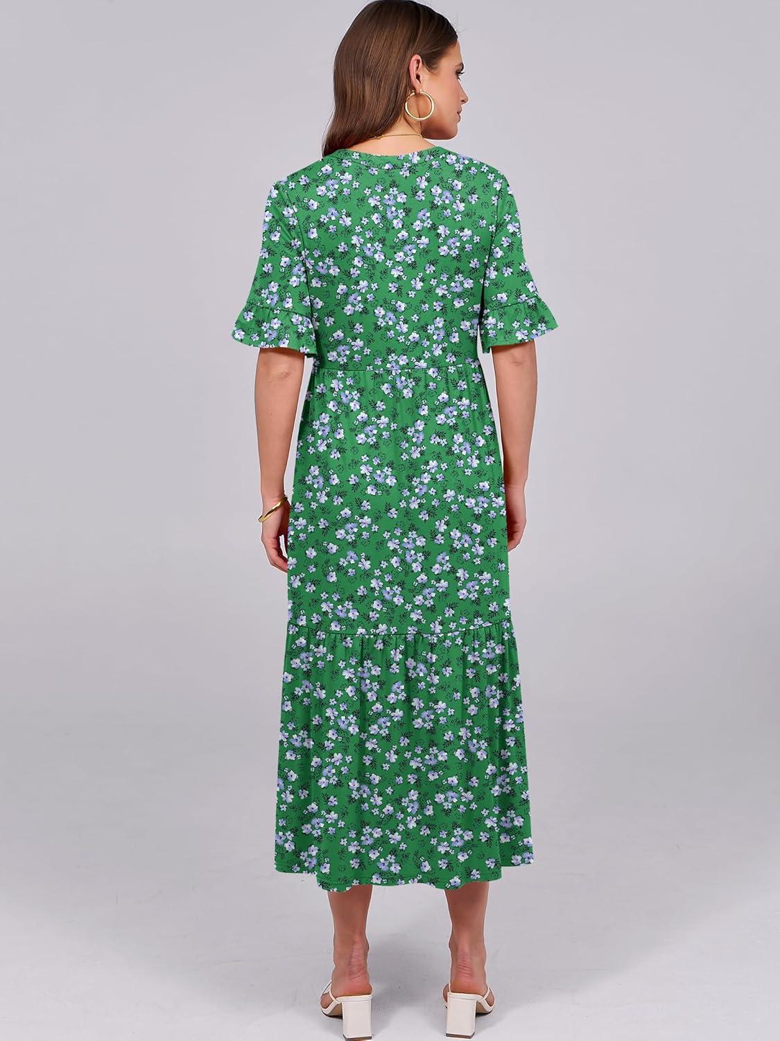 imageANRABESS Womens Casual Summer Ruffle Short Sleeve T Shirts Maxi Dress 2025 Fall V Neck Flowy Tiered Boho Beach DressesGreen Floral