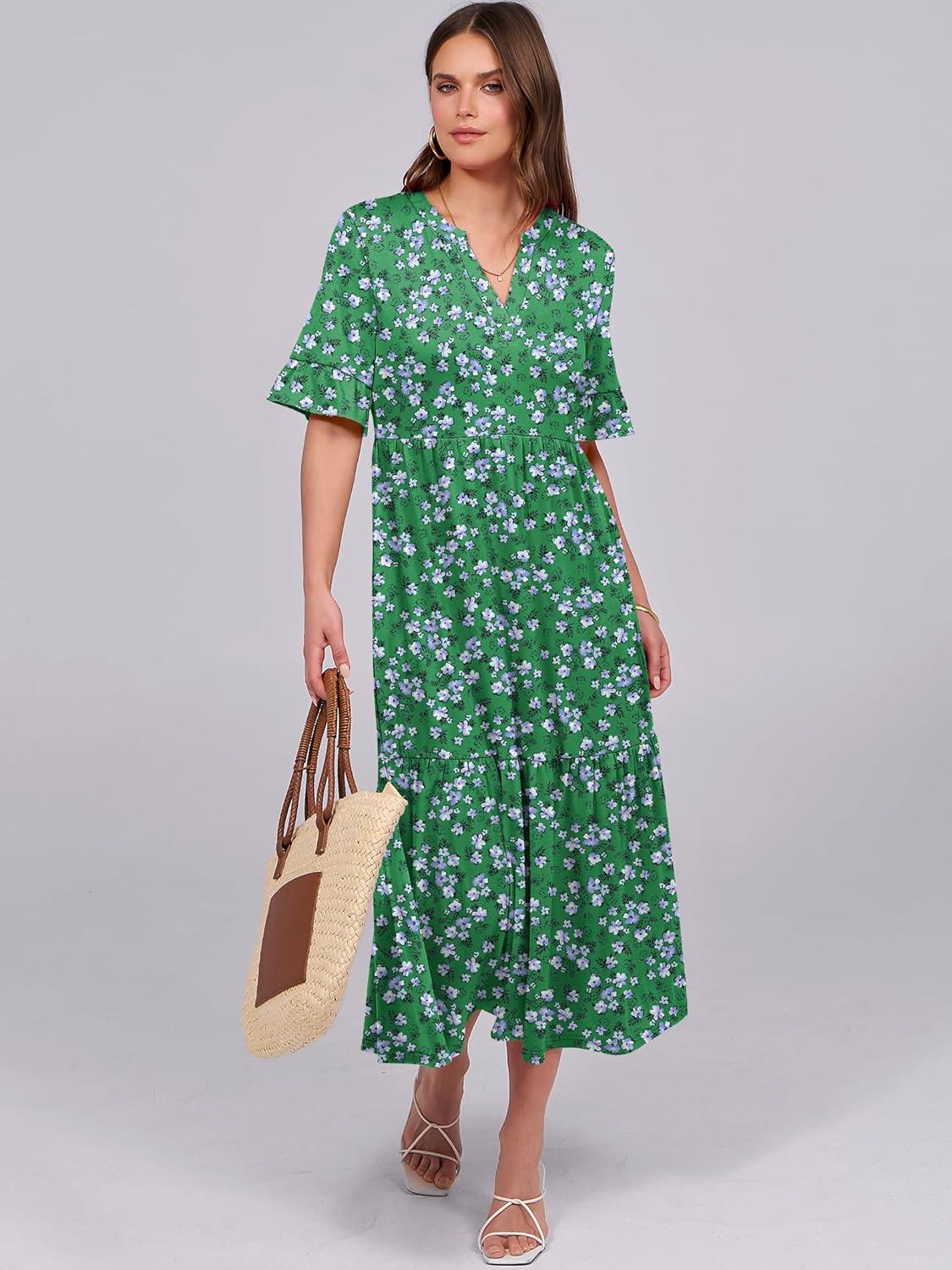 imageANRABESS Womens Casual Summer Ruffle Short Sleeve T Shirts Maxi Dress 2025 Fall V Neck Flowy Tiered Boho Beach DressesGreen Floral