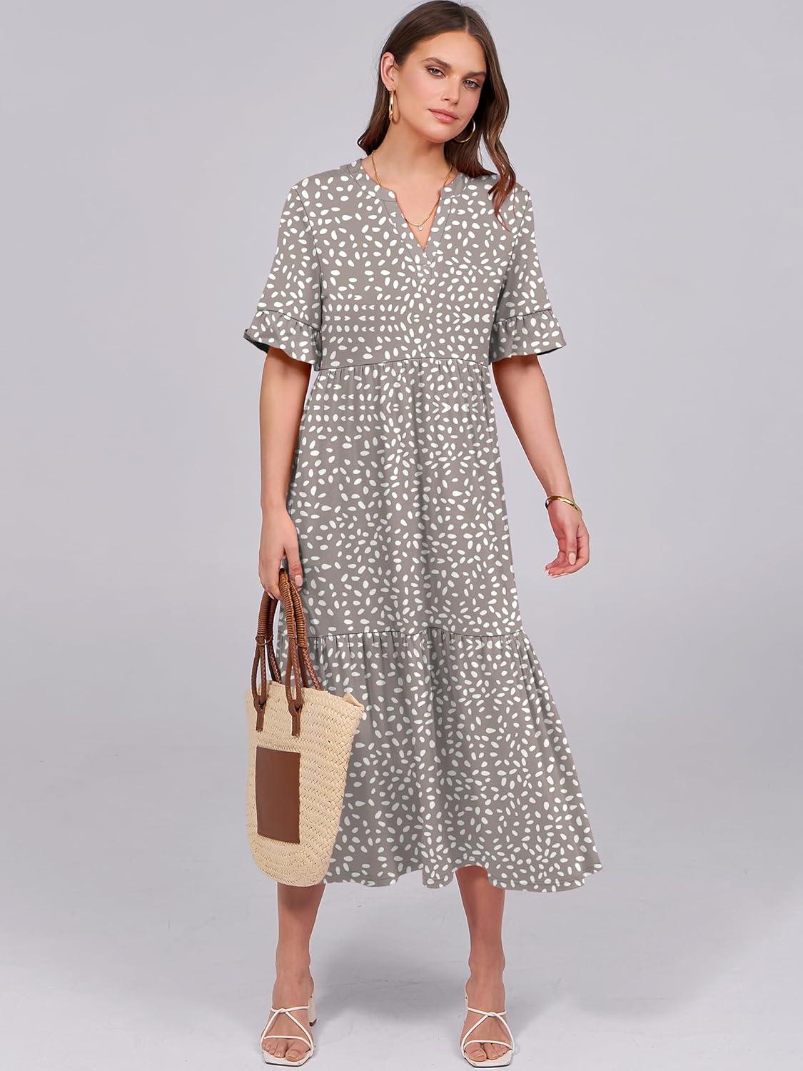imageANRABESS Womens Casual Summer Ruffle Short Sleeve T Shirts Maxi Dress 2025 Fall V Neck Flowy Tiered Boho Beach DressesKhaki Polka Dot