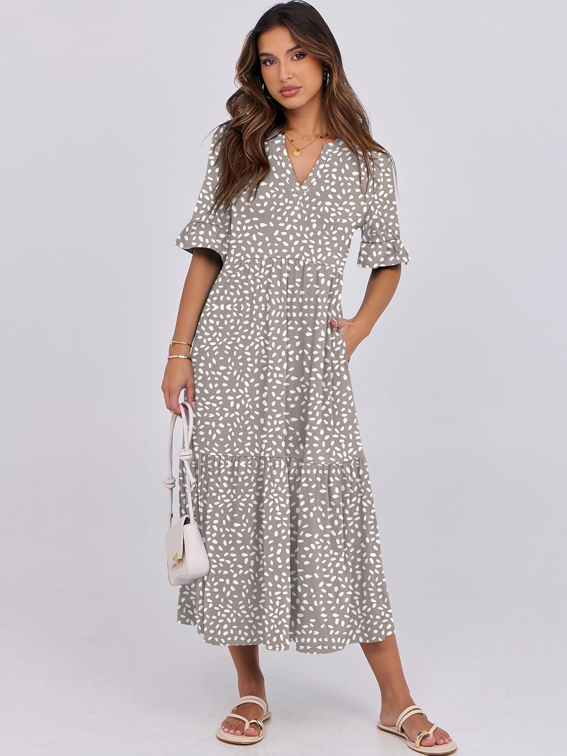imageANRABESS Womens Casual Summer Ruffle Short Sleeve T Shirts Maxi Dress 2025 Fall V Neck Flowy Tiered Boho Beach DressesKhaki Polka Dot