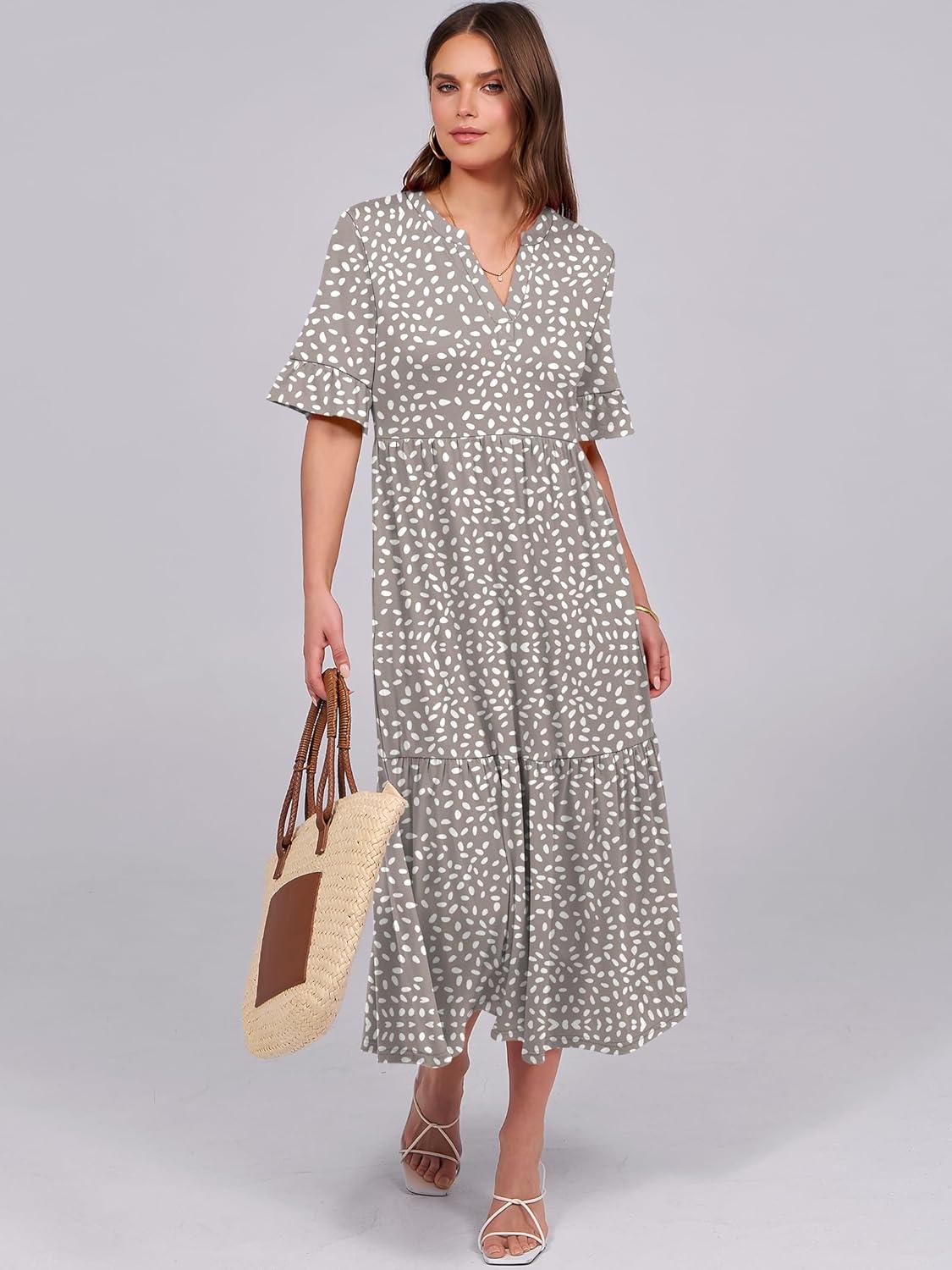 imageANRABESS Womens Casual Summer Ruffle Short Sleeve T Shirts Maxi Dress 2025 Fall V Neck Flowy Tiered Boho Beach DressesKhaki Polka Dot