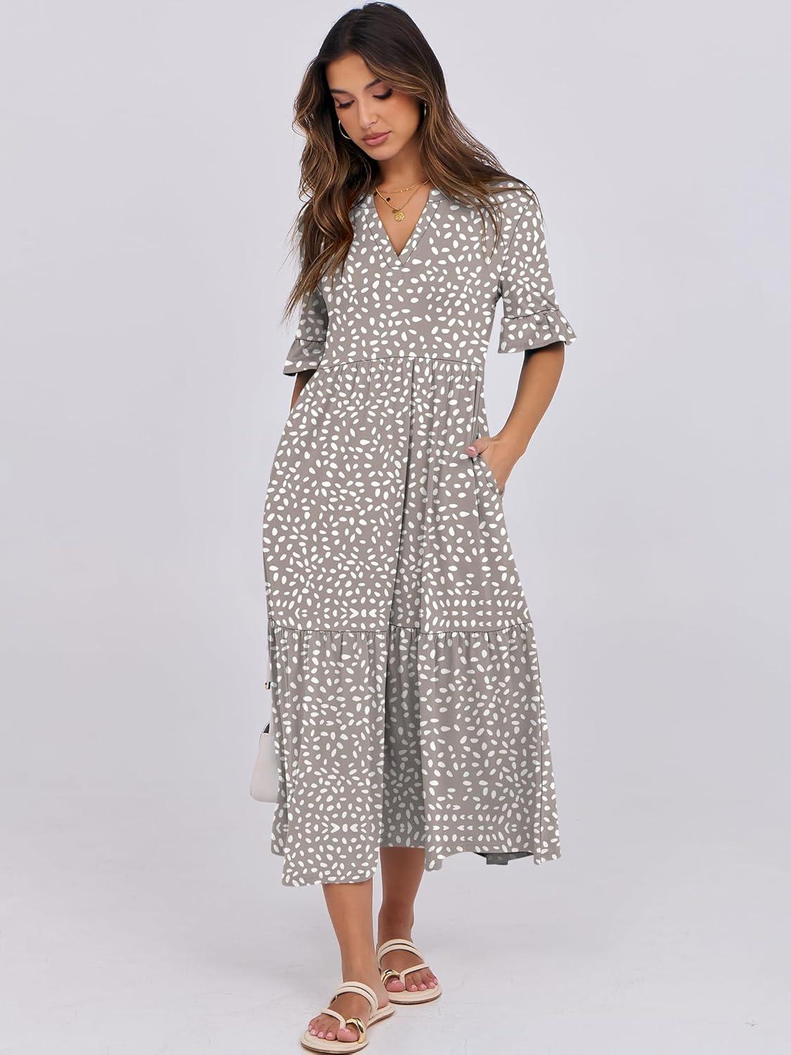 imageANRABESS Womens Casual Summer Ruffle Short Sleeve T Shirts Maxi Dress 2025 Fall V Neck Flowy Tiered Boho Beach DressesKhaki Polka Dot
