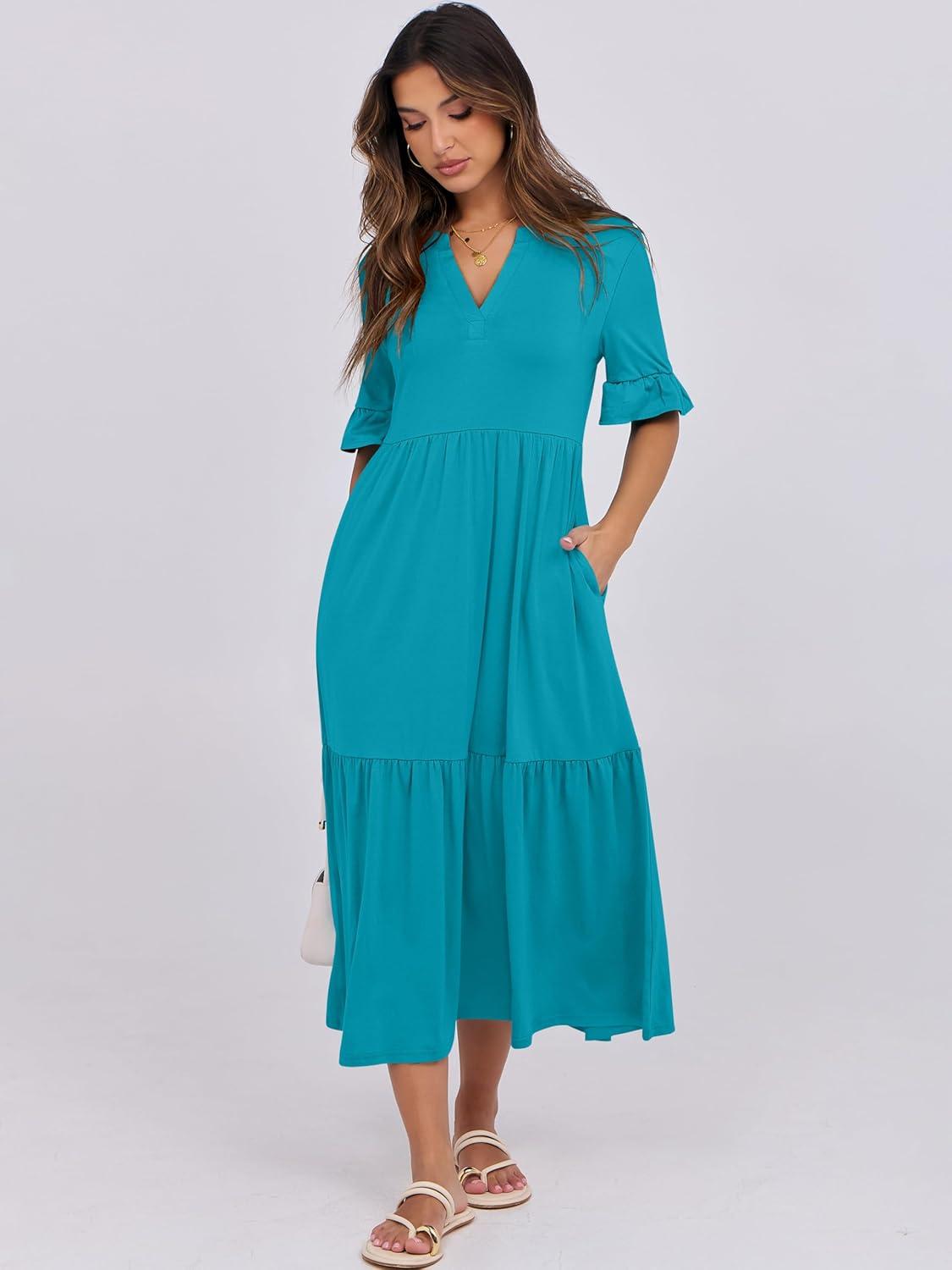 imageANRABESS Womens Casual Summer Ruffle Short Sleeve T Shirts Maxi Dress 2025 Fall V Neck Flowy Tiered Boho Beach DressesLake Green