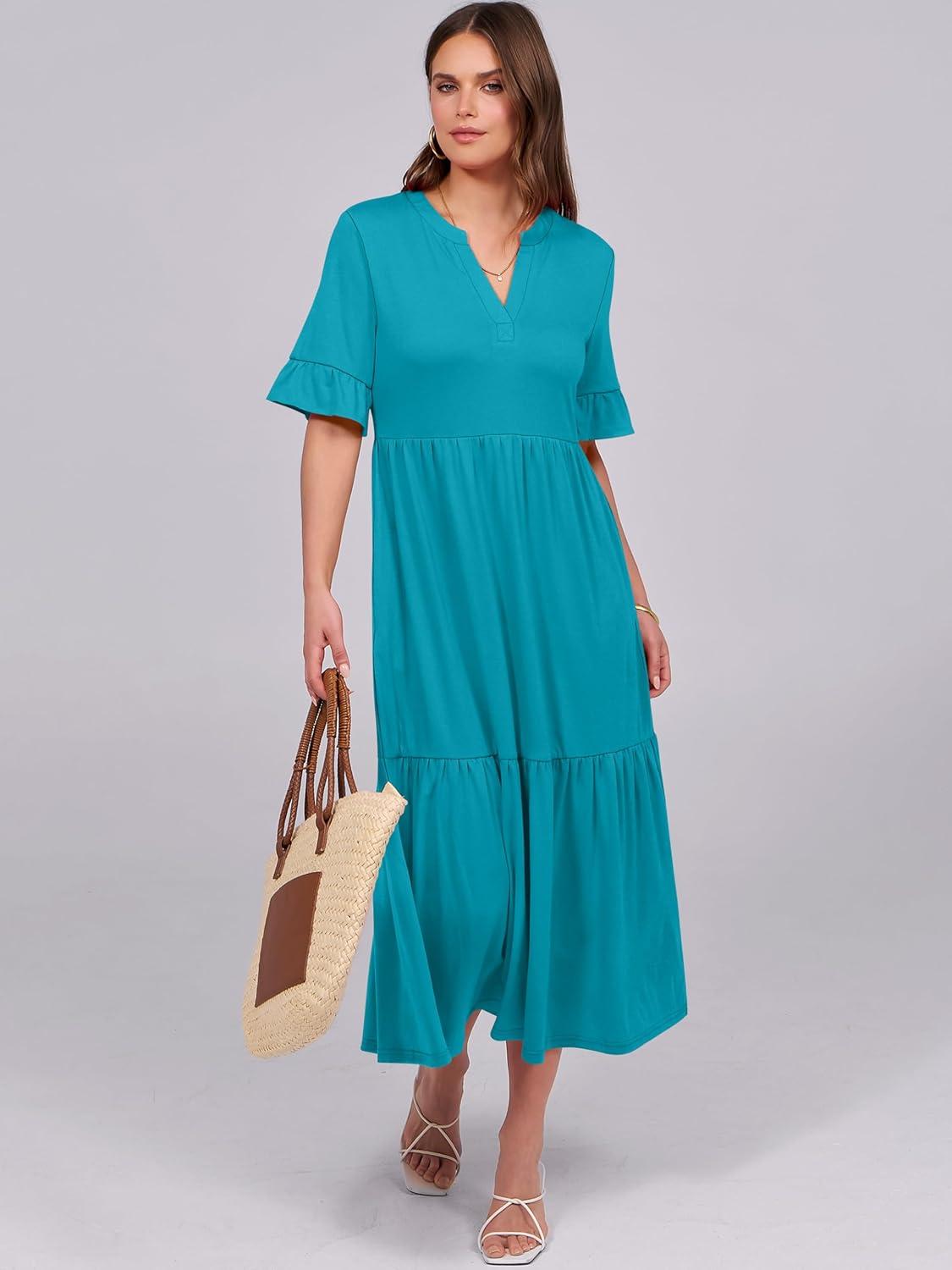 imageANRABESS Womens Casual Summer Ruffle Short Sleeve T Shirts Maxi Dress 2025 Fall V Neck Flowy Tiered Boho Beach DressesLake Green