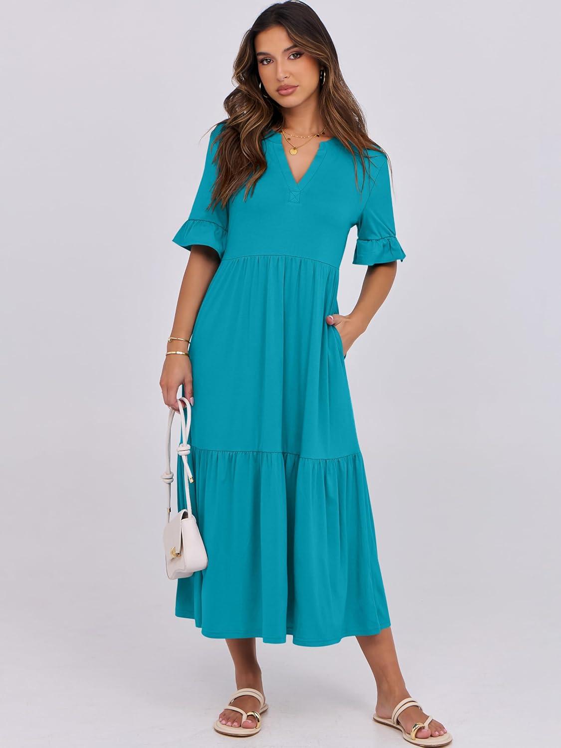 imageANRABESS Womens Casual Summer Ruffle Short Sleeve T Shirts Maxi Dress 2025 Fall V Neck Flowy Tiered Boho Beach DressesLake Green