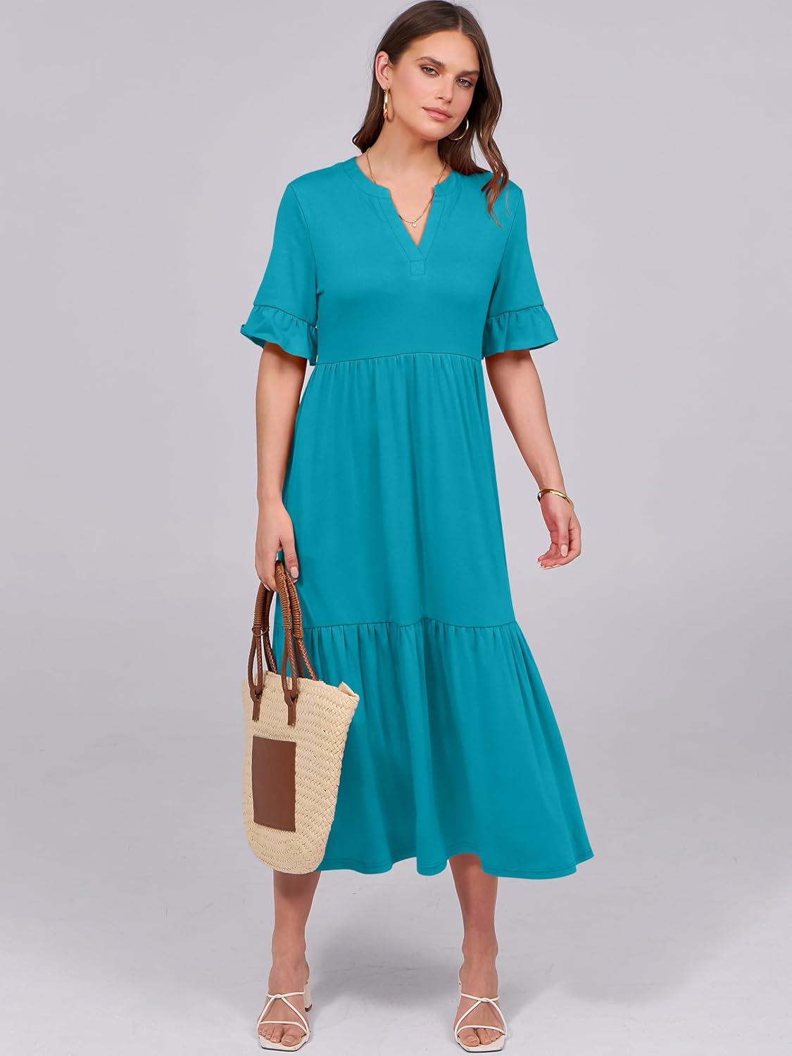 imageANRABESS Womens Casual Summer Ruffle Short Sleeve T Shirts Maxi Dress 2025 Fall V Neck Flowy Tiered Boho Beach DressesLake Green
