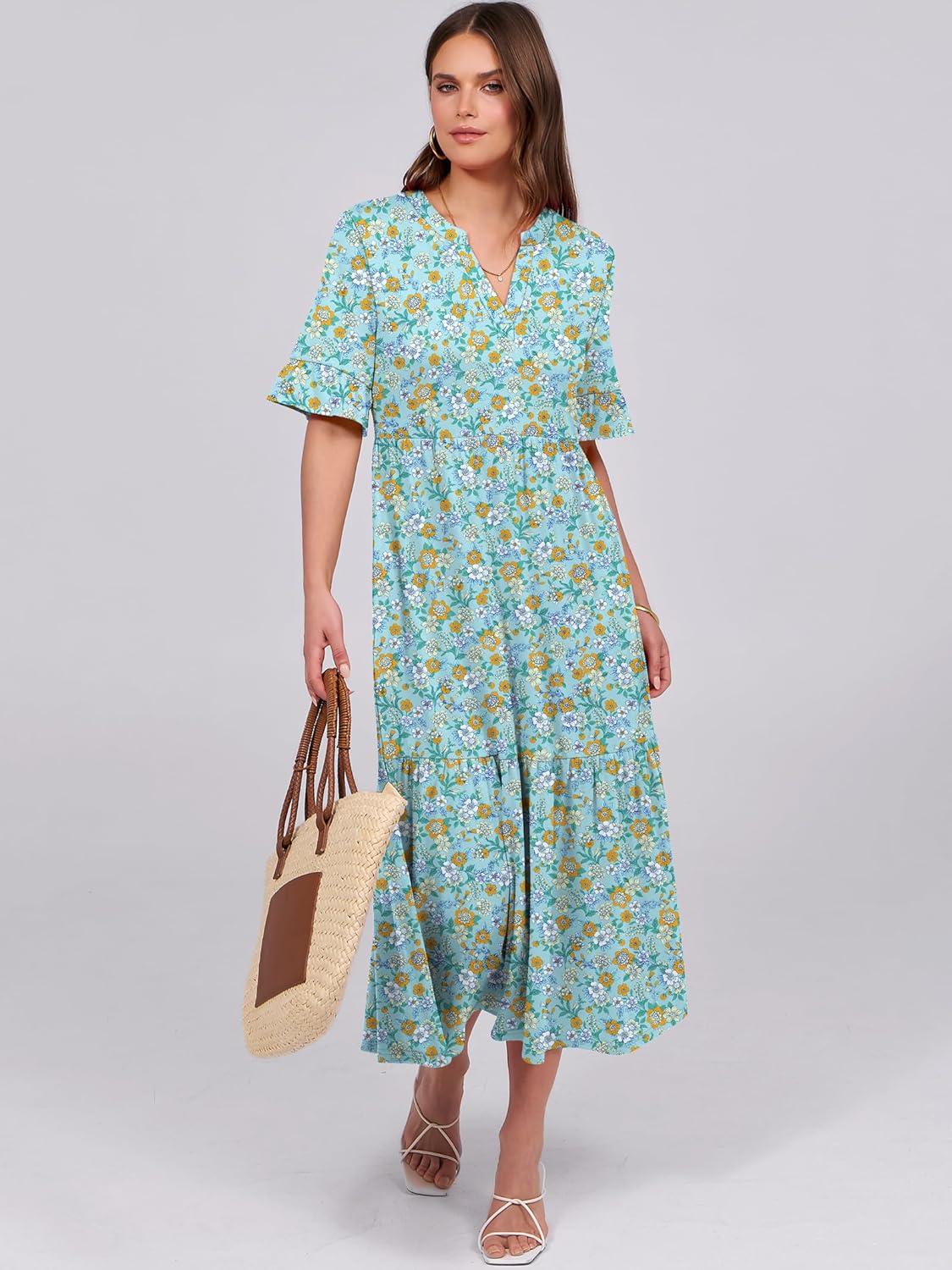 imageANRABESS Womens Casual Summer Ruffle Short Sleeve T Shirts Maxi Dress 2025 Fall V Neck Flowy Tiered Boho Beach DressesLight Green Floral