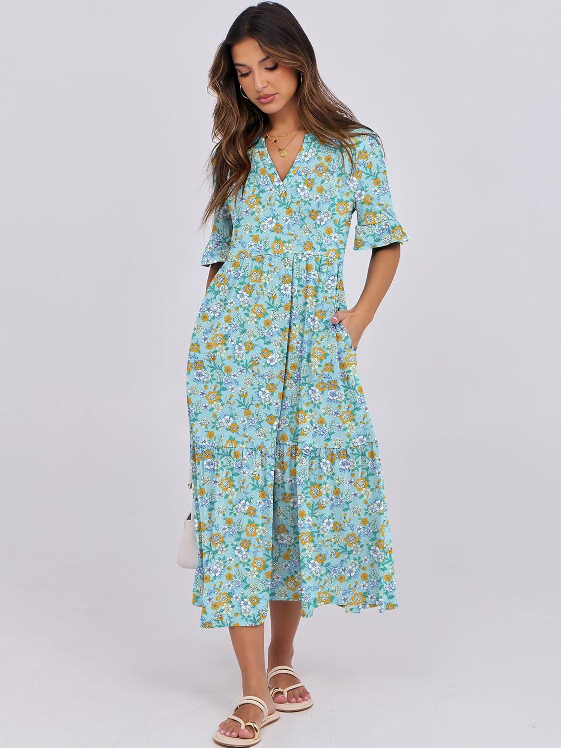 imageANRABESS Womens Casual Summer Ruffle Short Sleeve T Shirts Maxi Dress 2025 Fall V Neck Flowy Tiered Boho Beach DressesLight Green Floral