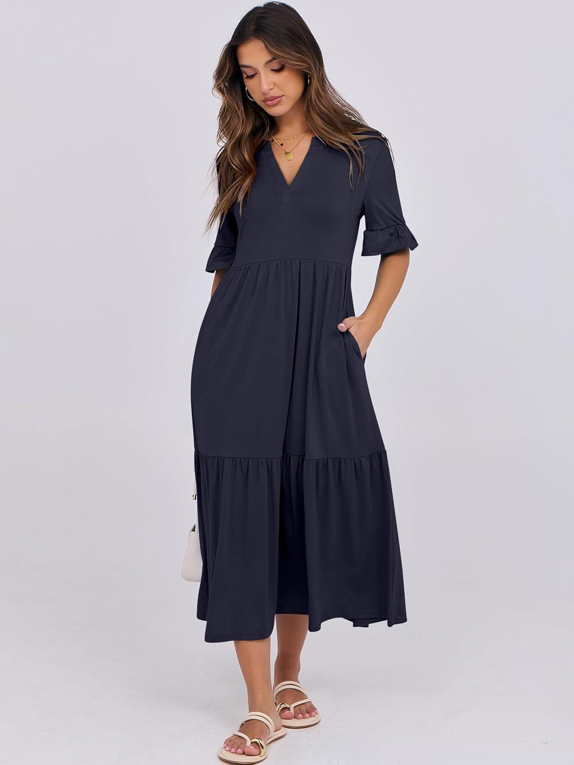 imageANRABESS Womens Casual Summer Ruffle Short Sleeve T Shirts Maxi Dress 2025 Fall V Neck Flowy Tiered Boho Beach DressesNavy Blue