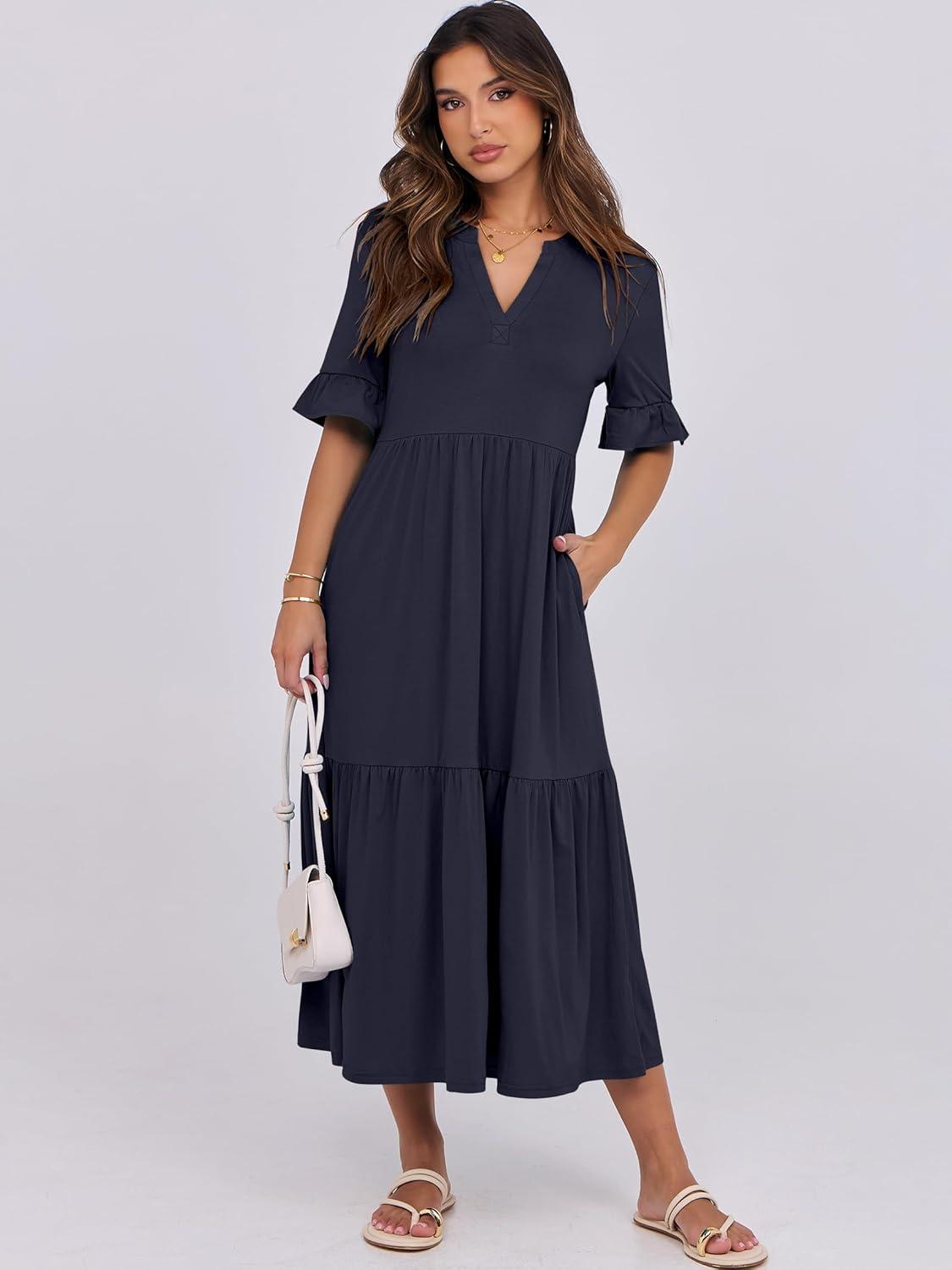 imageANRABESS Womens Casual Summer Ruffle Short Sleeve T Shirts Maxi Dress 2025 Fall V Neck Flowy Tiered Boho Beach DressesNavy Blue