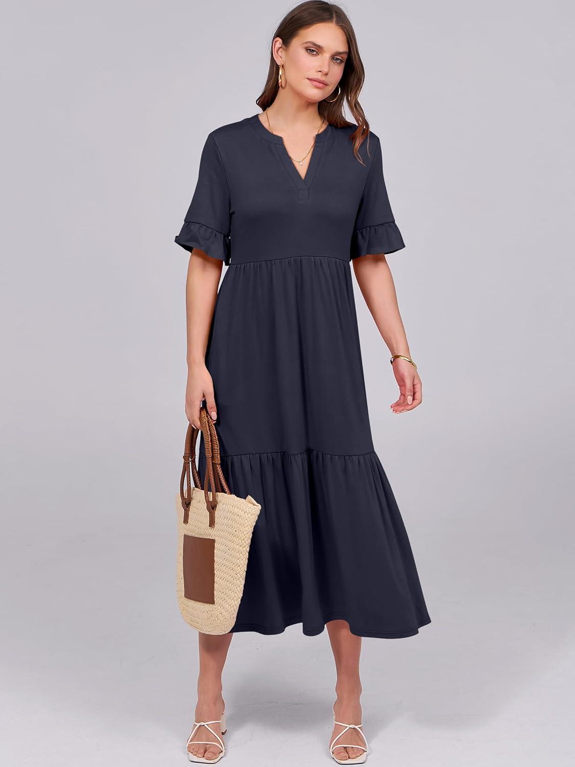 imageANRABESS Womens Casual Summer Ruffle Short Sleeve T Shirts Maxi Dress 2025 Fall V Neck Flowy Tiered Boho Beach DressesNavy Blue