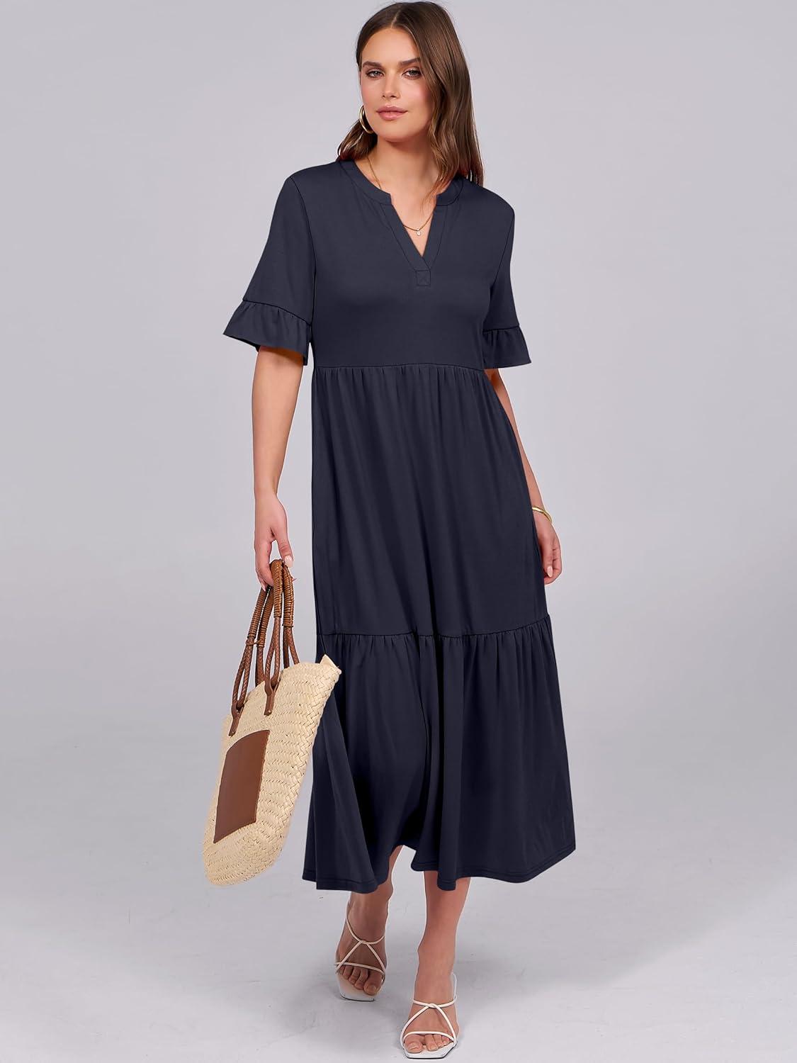 imageANRABESS Womens Casual Summer Ruffle Short Sleeve T Shirts Maxi Dress 2025 Fall V Neck Flowy Tiered Boho Beach DressesNavy Blue