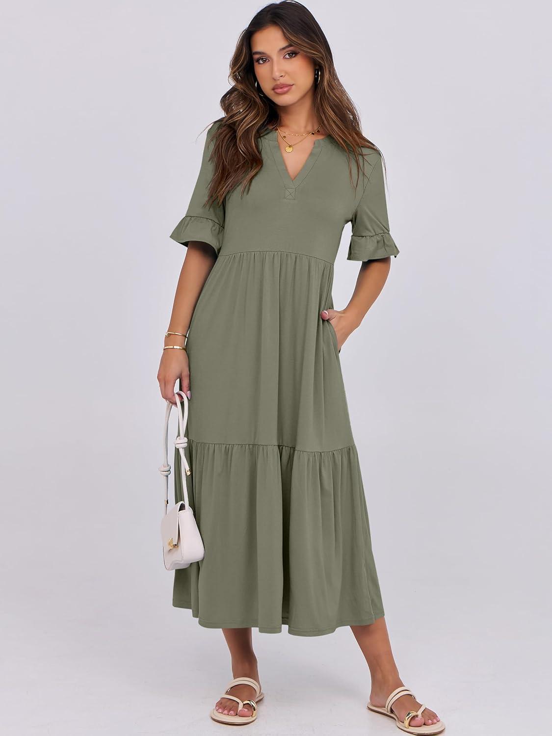 imageANRABESS Womens Casual Summer Ruffle Short Sleeve T Shirts Maxi Dress 2025 Fall V Neck Flowy Tiered Boho Beach DressesOlive
