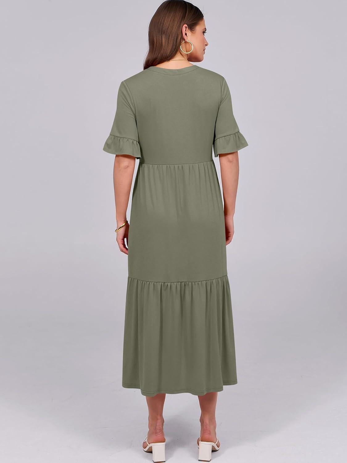 imageANRABESS Womens Casual Summer Ruffle Short Sleeve T Shirts Maxi Dress 2025 Fall V Neck Flowy Tiered Boho Beach DressesOlive