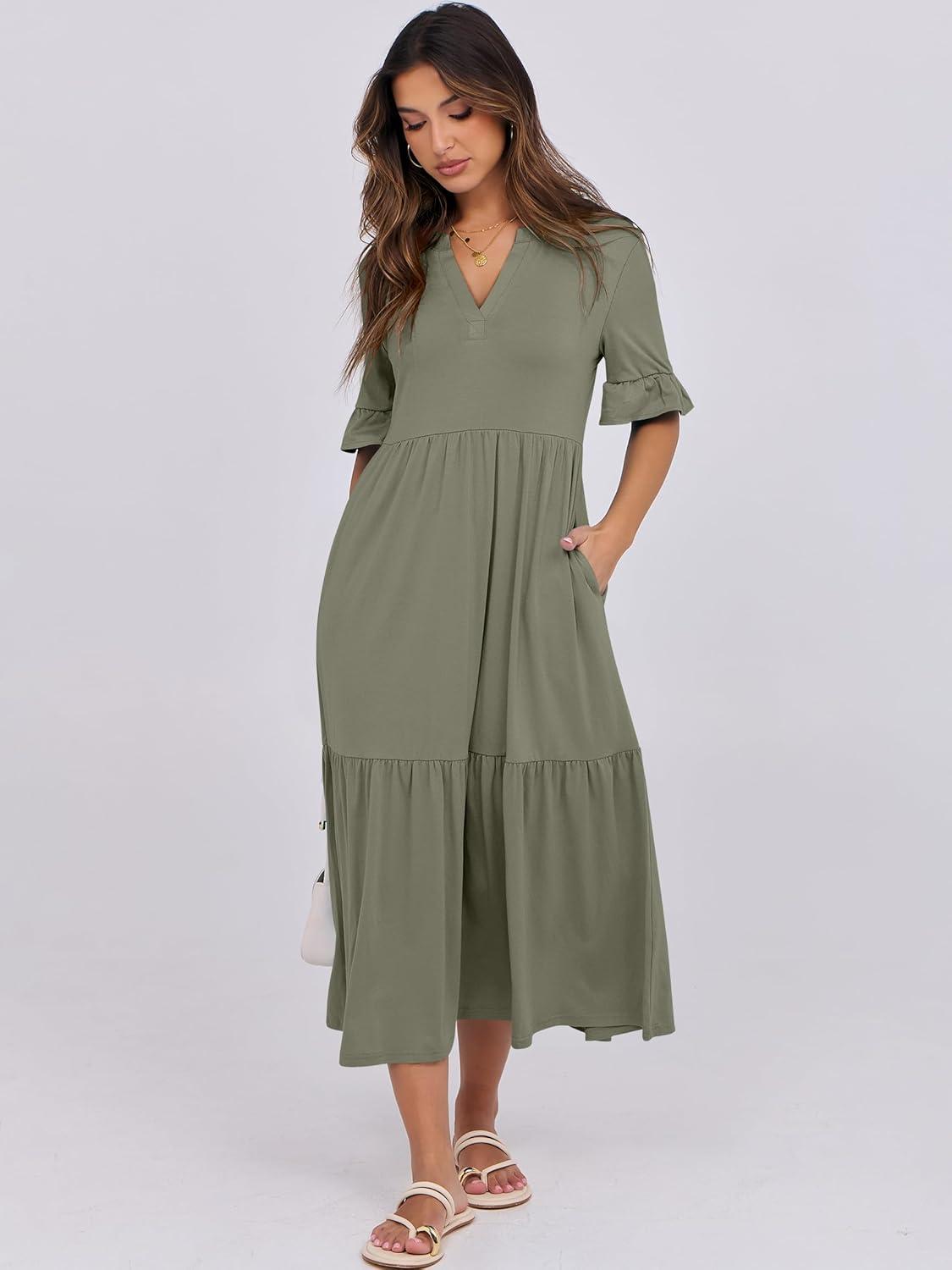 imageANRABESS Womens Casual Summer Ruffle Short Sleeve T Shirts Maxi Dress 2025 Fall V Neck Flowy Tiered Boho Beach DressesOlive