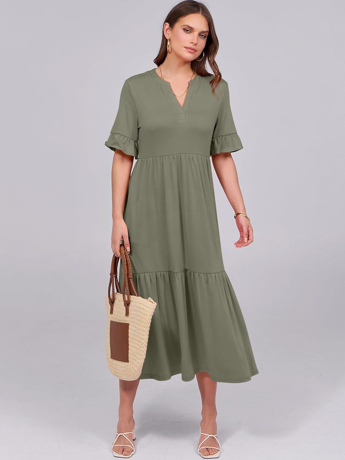 imageANRABESS Womens Casual Summer Ruffle Short Sleeve T Shirts Maxi Dress 2025 Fall V Neck Flowy Tiered Boho Beach DressesOlive