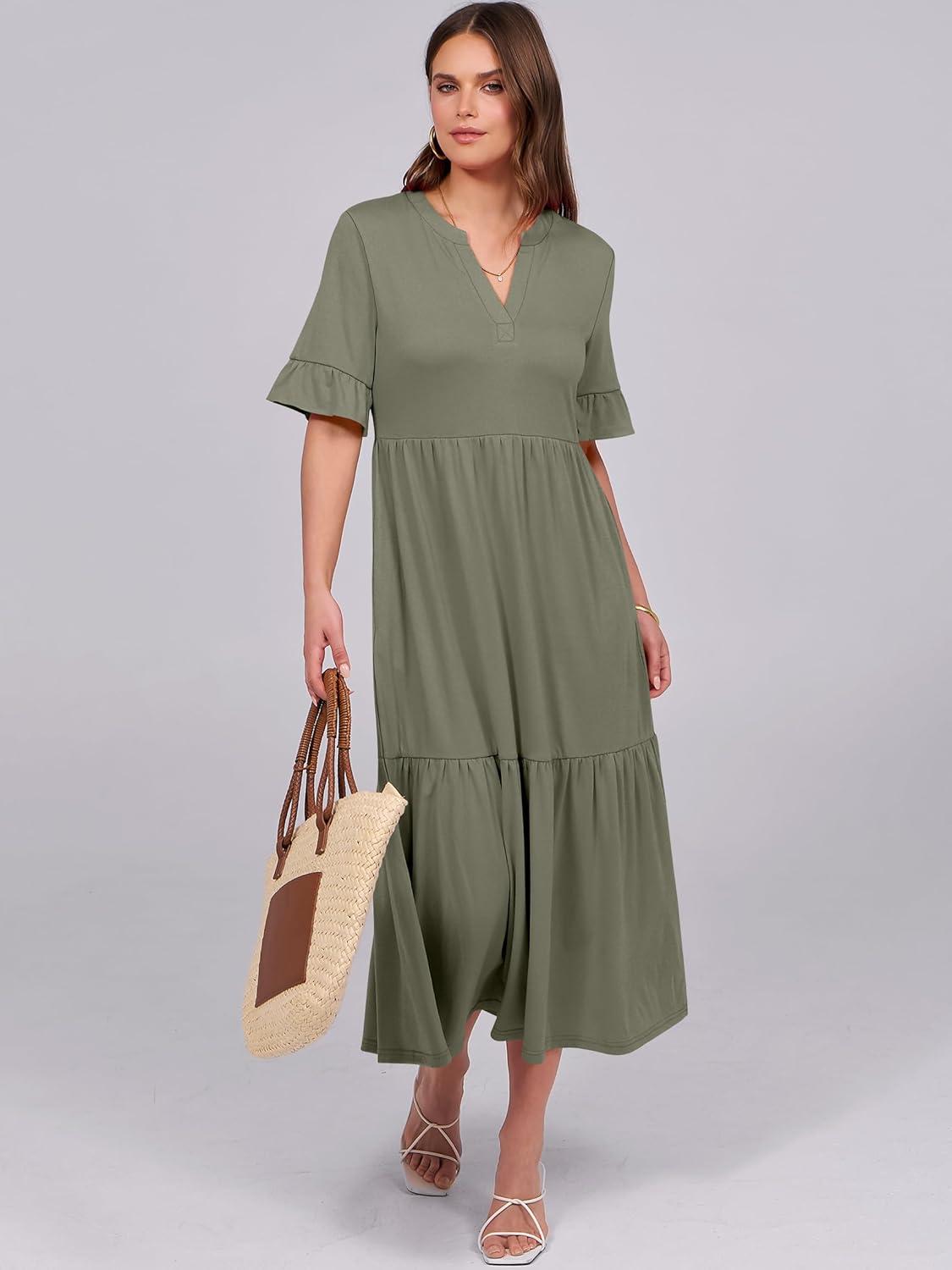 imageANRABESS Womens Casual Summer Ruffle Short Sleeve T Shirts Maxi Dress 2025 Fall V Neck Flowy Tiered Boho Beach DressesOlive