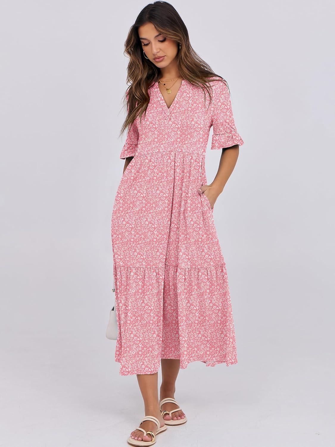 imageANRABESS Womens Casual Summer Ruffle Short Sleeve T Shirts Maxi Dress 2025 Fall V Neck Flowy Tiered Boho Beach DressesPink Floral