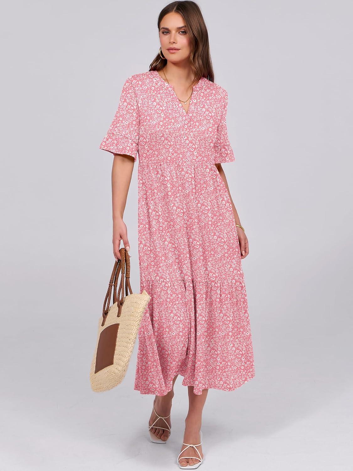 imageANRABESS Womens Casual Summer Ruffle Short Sleeve T Shirts Maxi Dress 2025 Fall V Neck Flowy Tiered Boho Beach DressesPink Floral