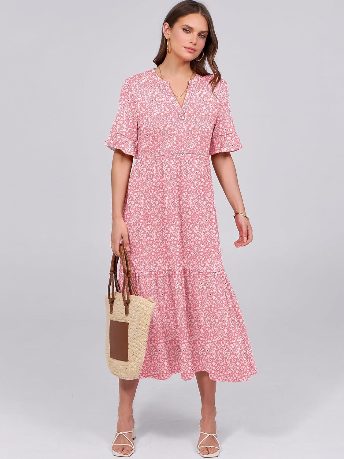 imageANRABESS Womens Casual Summer Ruffle Short Sleeve T Shirts Maxi Dress 2025 Fall V Neck Flowy Tiered Boho Beach DressesPink Floral