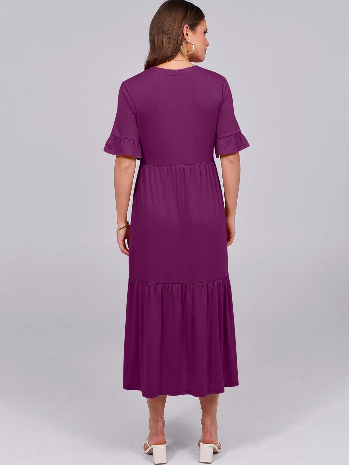 imageANRABESS Womens Casual Summer Ruffle Short Sleeve T Shirts Maxi Dress 2025 Fall V Neck Flowy Tiered Boho Beach DressesPurple