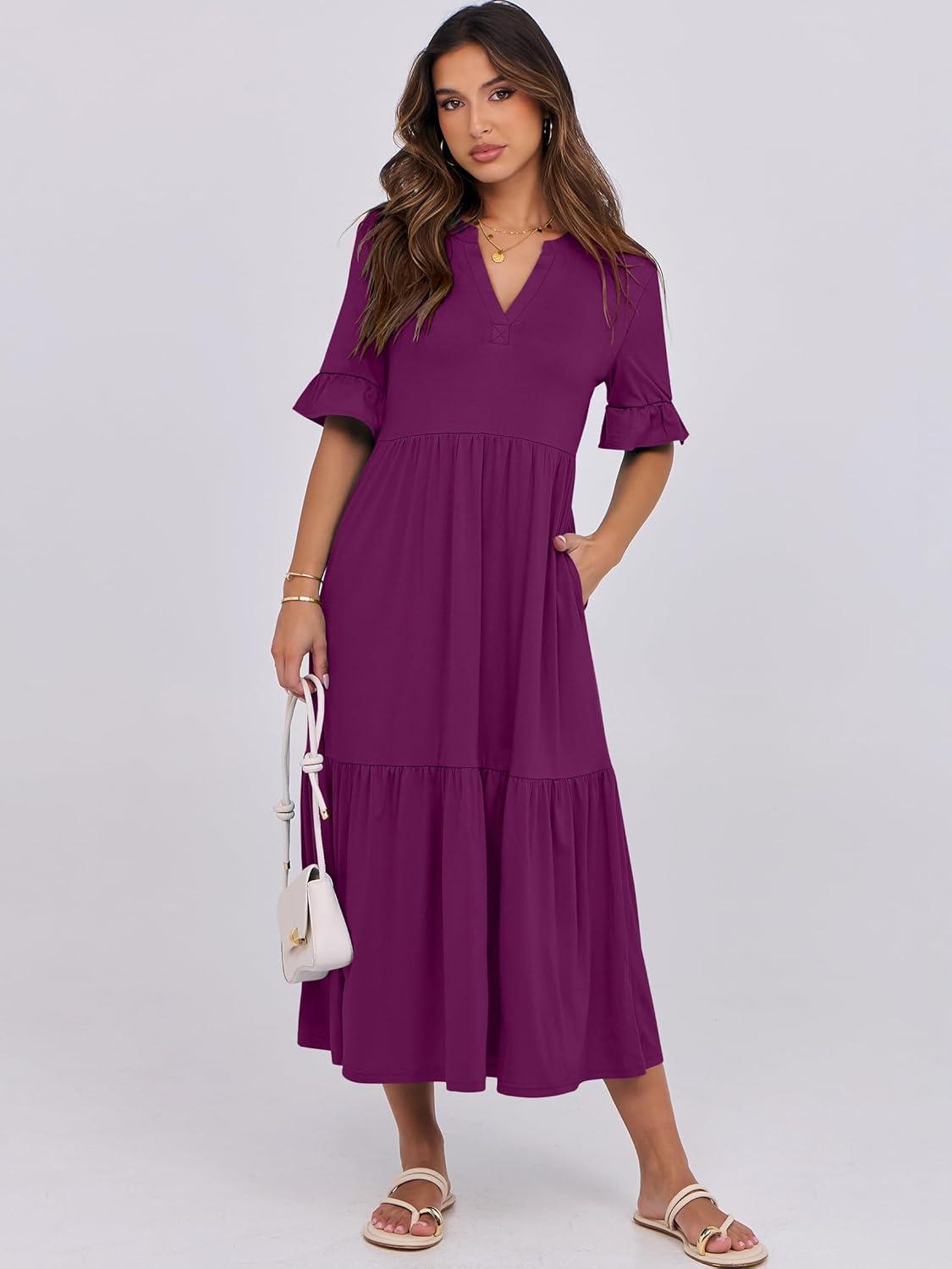 imageANRABESS Womens Casual Summer Ruffle Short Sleeve T Shirts Maxi Dress 2025 Fall V Neck Flowy Tiered Boho Beach DressesPurple