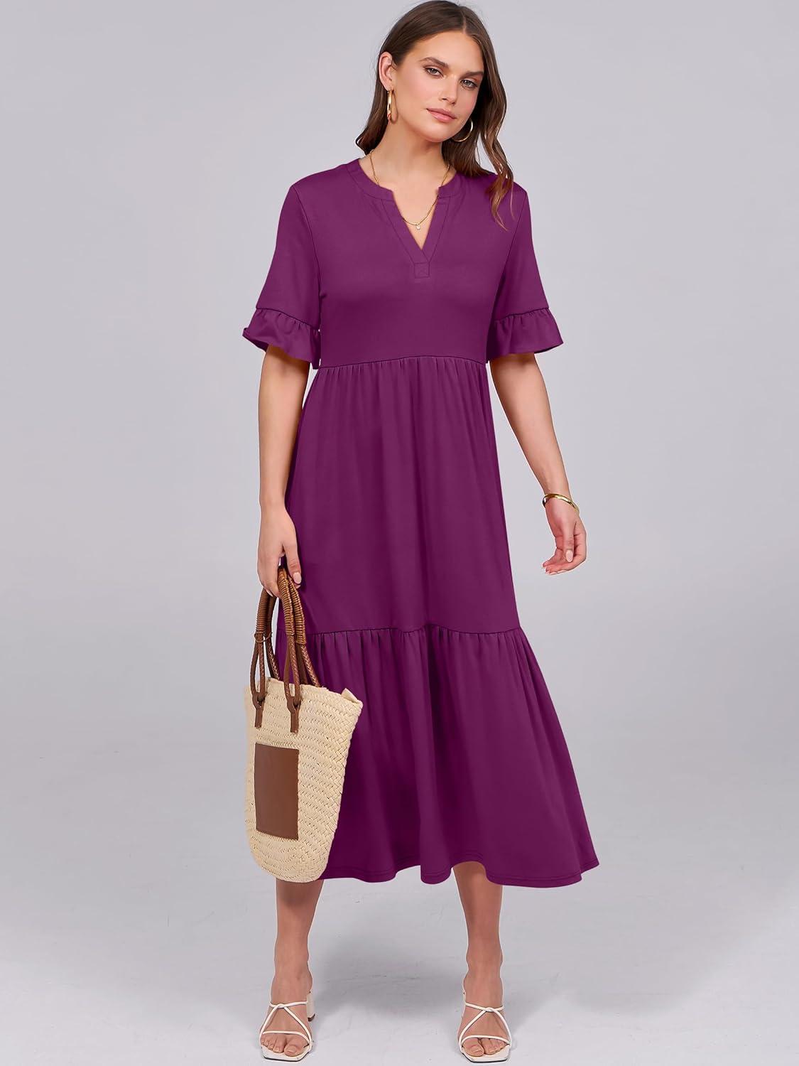 imageANRABESS Womens Casual Summer Ruffle Short Sleeve T Shirts Maxi Dress 2025 Fall V Neck Flowy Tiered Boho Beach DressesPurple