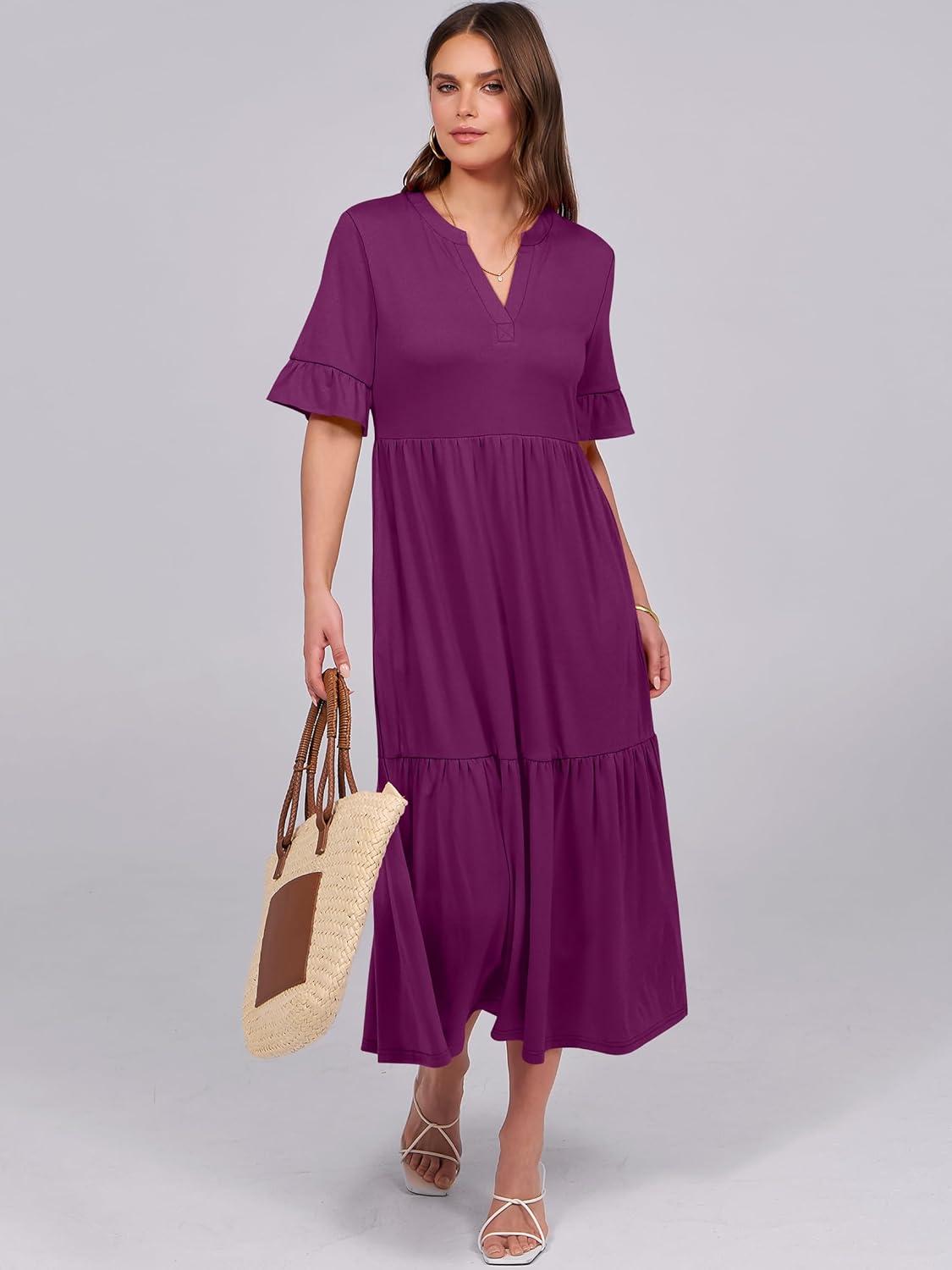 imageANRABESS Womens Casual Summer Ruffle Short Sleeve T Shirts Maxi Dress 2025 Fall V Neck Flowy Tiered Boho Beach DressesPurple