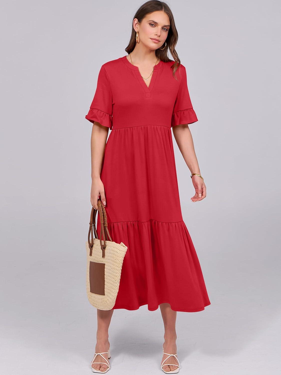 imageANRABESS Womens Casual Summer Ruffle Short Sleeve T Shirts Maxi Dress 2025 Fall V Neck Flowy Tiered Boho Beach DressesRed