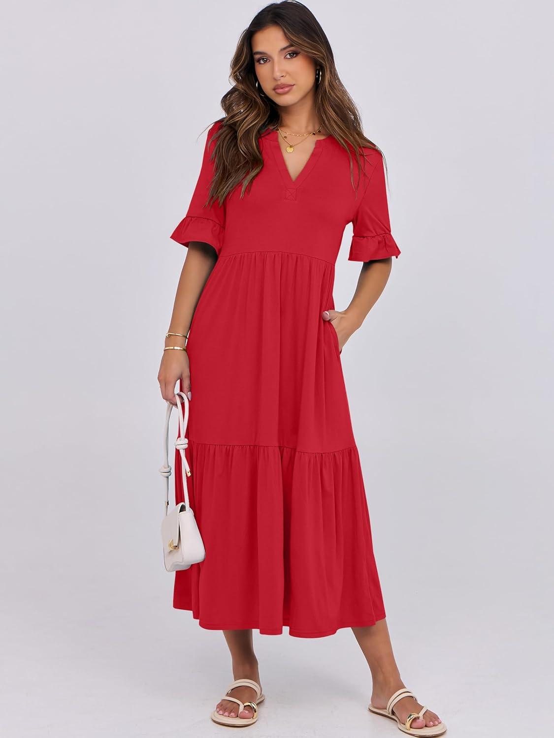imageANRABESS Womens Casual Summer Ruffle Short Sleeve T Shirts Maxi Dress 2025 Fall V Neck Flowy Tiered Boho Beach DressesRed