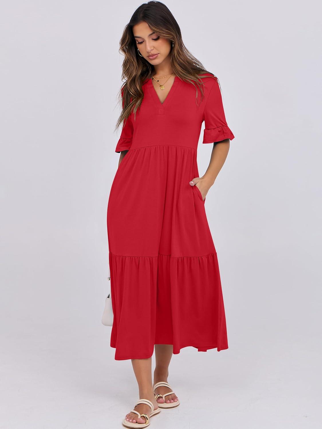 imageANRABESS Womens Casual Summer Ruffle Short Sleeve T Shirts Maxi Dress 2025 Fall V Neck Flowy Tiered Boho Beach DressesRed