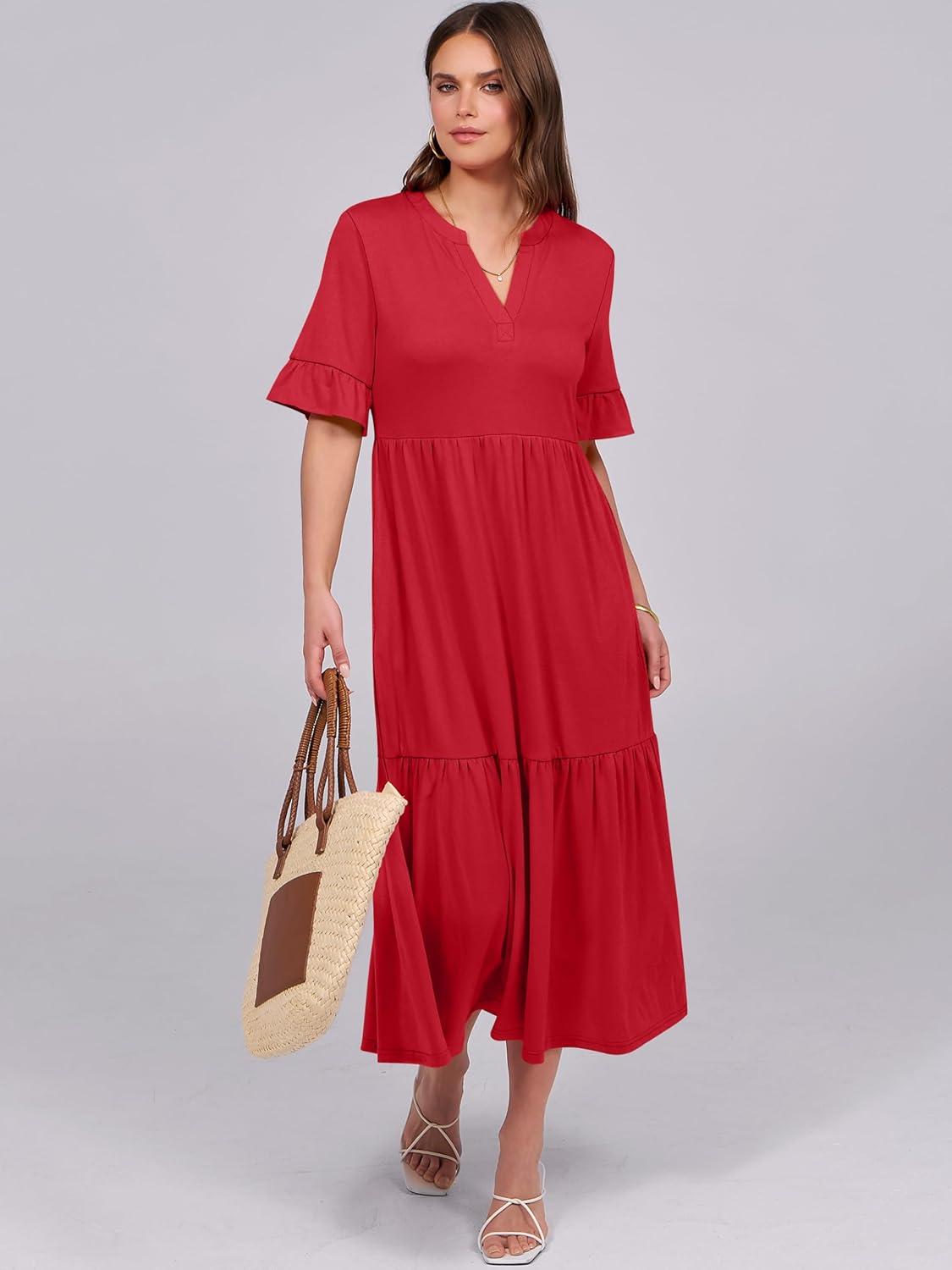 imageANRABESS Womens Casual Summer Ruffle Short Sleeve T Shirts Maxi Dress 2025 Fall V Neck Flowy Tiered Boho Beach DressesRed
