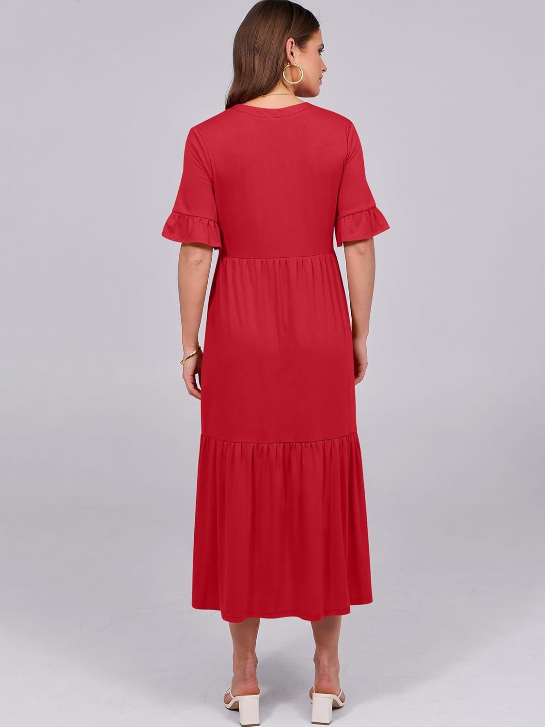 imageANRABESS Womens Casual Summer Ruffle Short Sleeve T Shirts Maxi Dress 2025 Fall V Neck Flowy Tiered Boho Beach DressesRed