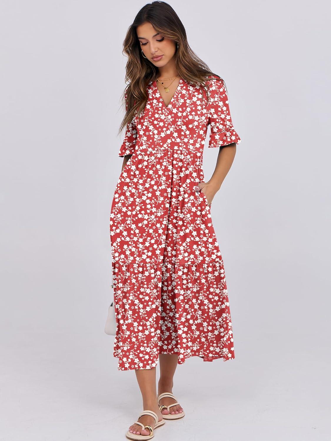 imageANRABESS Womens Casual Summer Ruffle Short Sleeve T Shirts Maxi Dress 2025 Fall V Neck Flowy Tiered Boho Beach DressesRed Floral