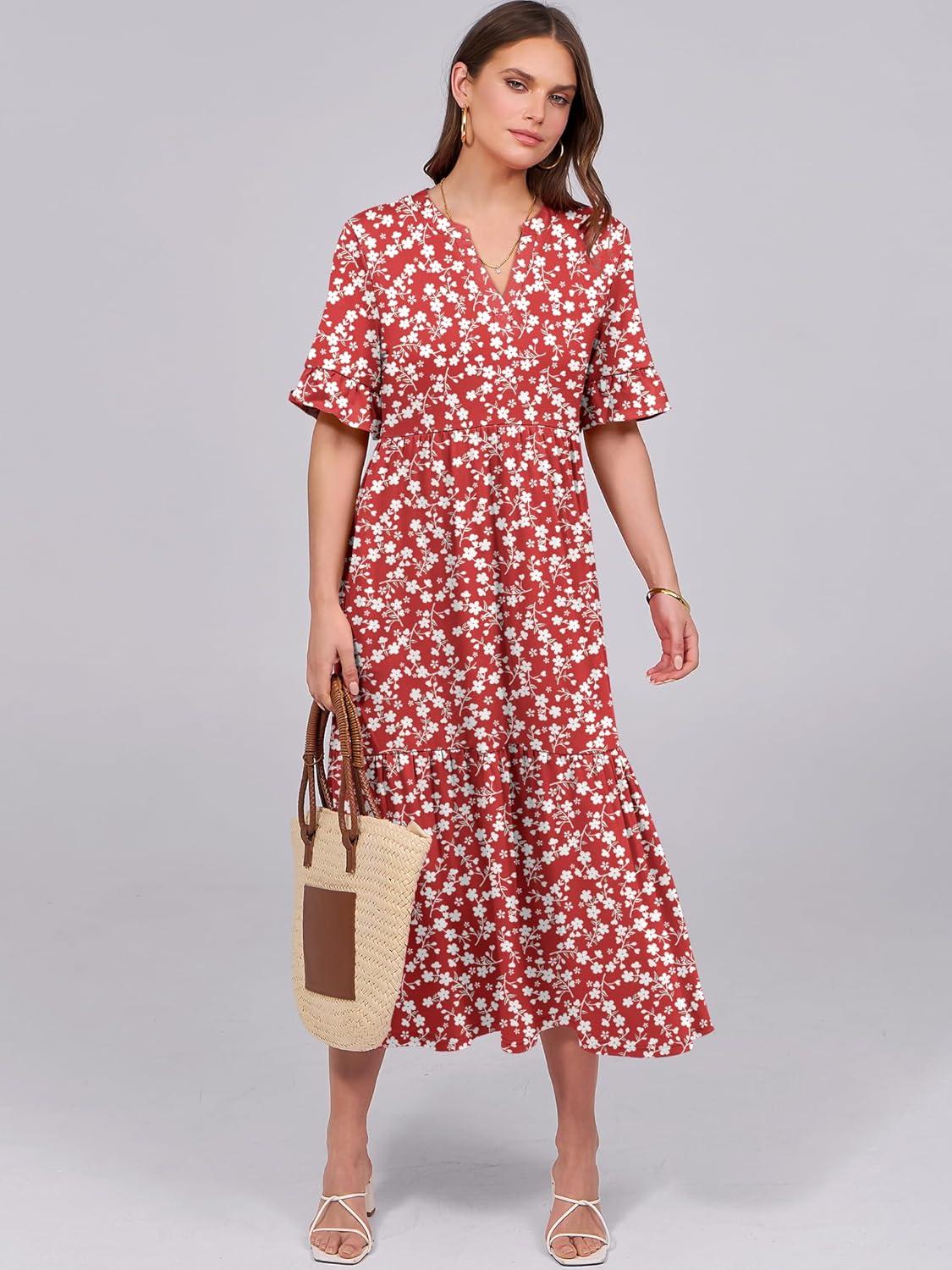 imageANRABESS Womens Casual Summer Ruffle Short Sleeve T Shirts Maxi Dress 2025 Fall V Neck Flowy Tiered Boho Beach DressesRed Floral