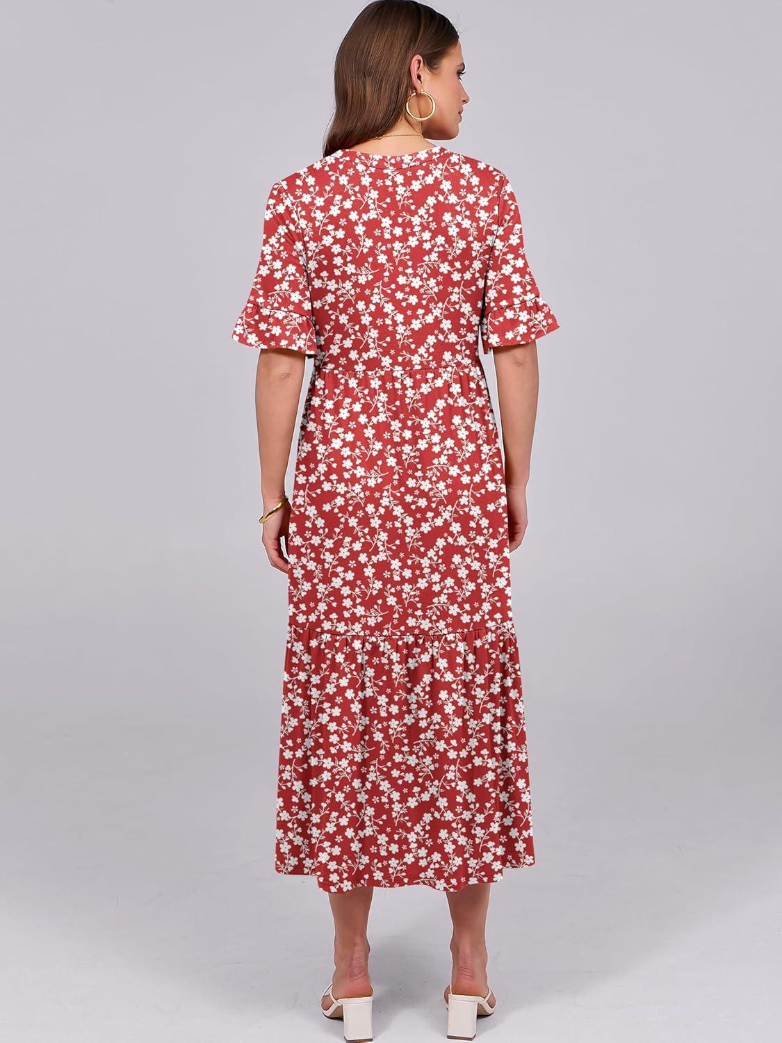 imageANRABESS Womens Casual Summer Ruffle Short Sleeve T Shirts Maxi Dress 2025 Fall V Neck Flowy Tiered Boho Beach DressesRed Floral