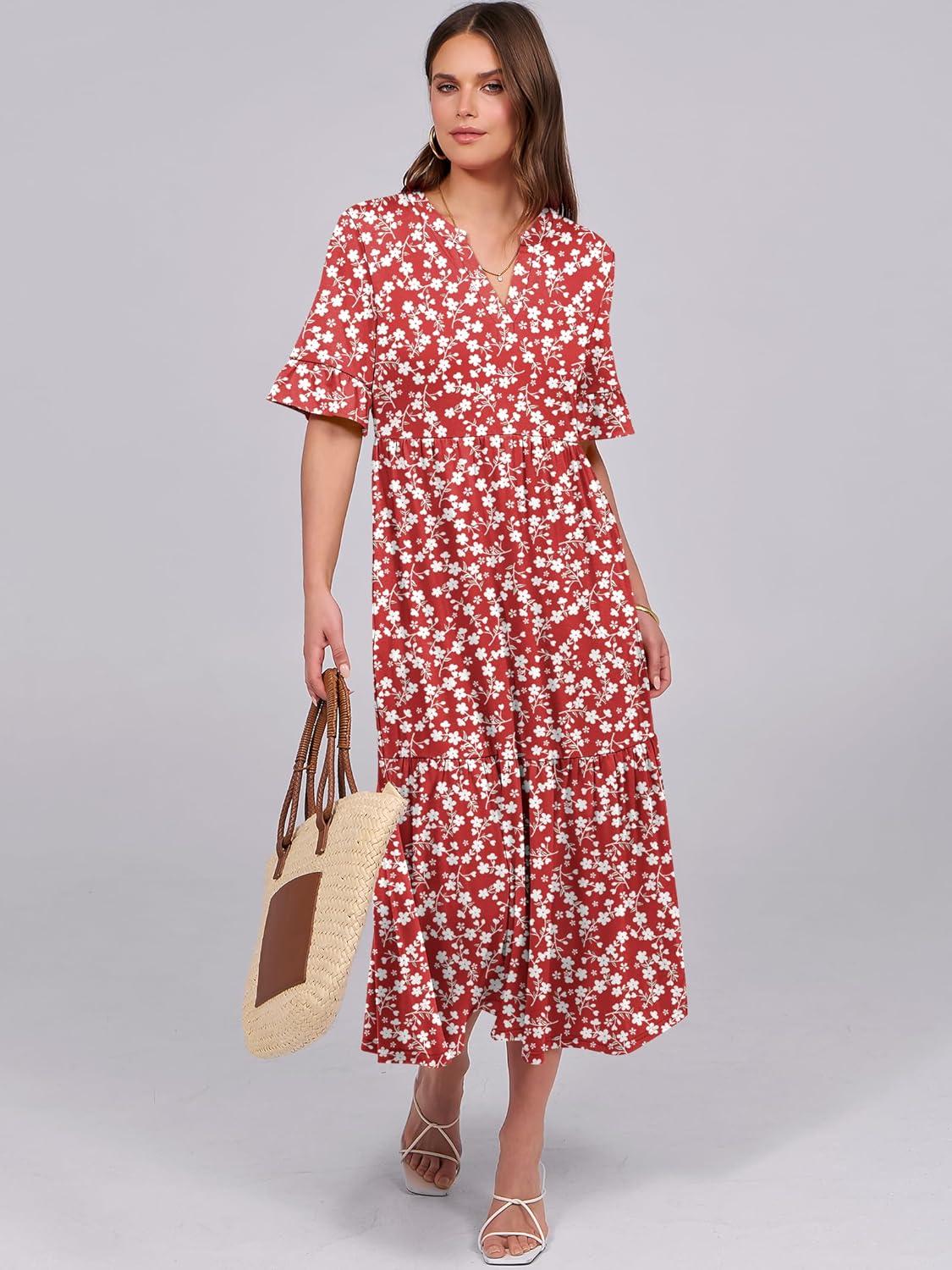 imageANRABESS Womens Casual Summer Ruffle Short Sleeve T Shirts Maxi Dress 2025 Fall V Neck Flowy Tiered Boho Beach DressesRed Floral