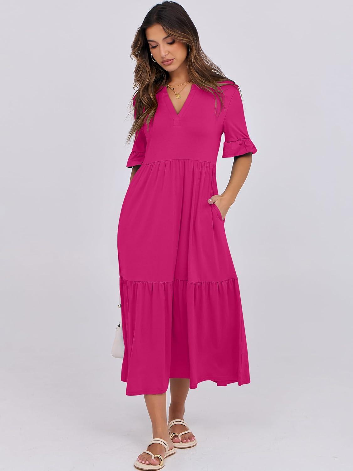 imageANRABESS Womens Casual Summer Ruffle Short Sleeve T Shirts Maxi Dress 2025 Fall V Neck Flowy Tiered Boho Beach DressesRose