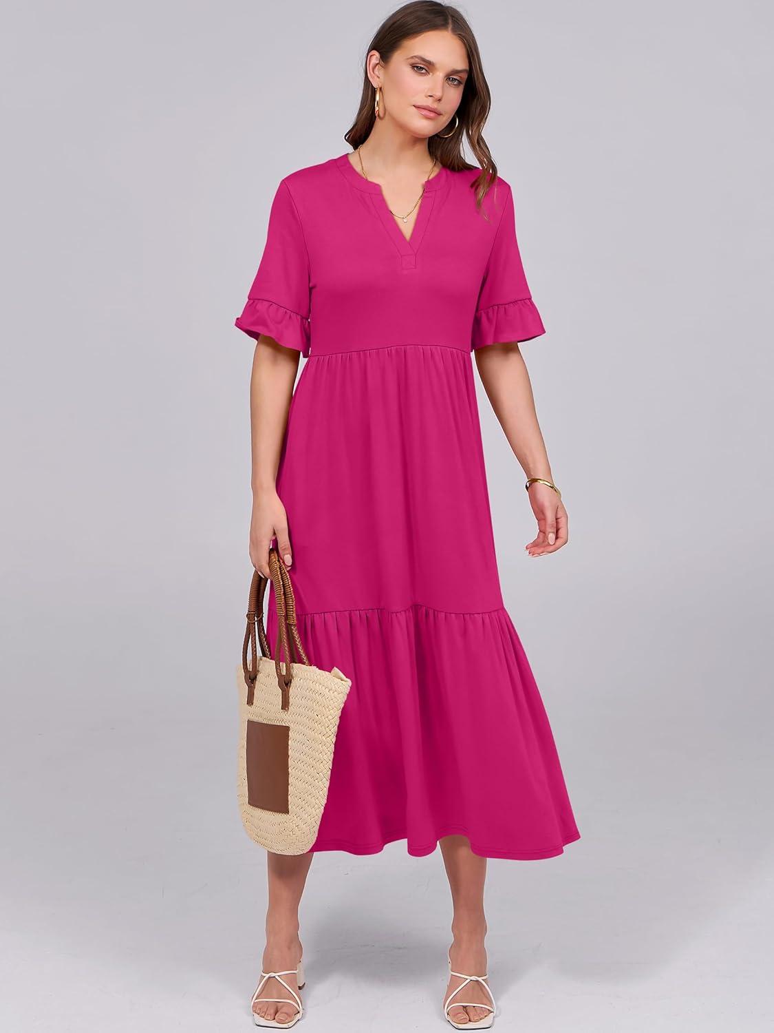 imageANRABESS Womens Casual Summer Ruffle Short Sleeve T Shirts Maxi Dress 2025 Fall V Neck Flowy Tiered Boho Beach DressesRose