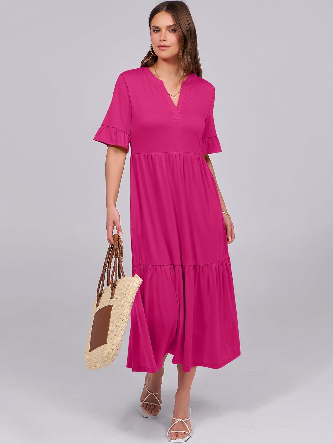 imageANRABESS Womens Casual Summer Ruffle Short Sleeve T Shirts Maxi Dress 2025 Fall V Neck Flowy Tiered Boho Beach DressesRose