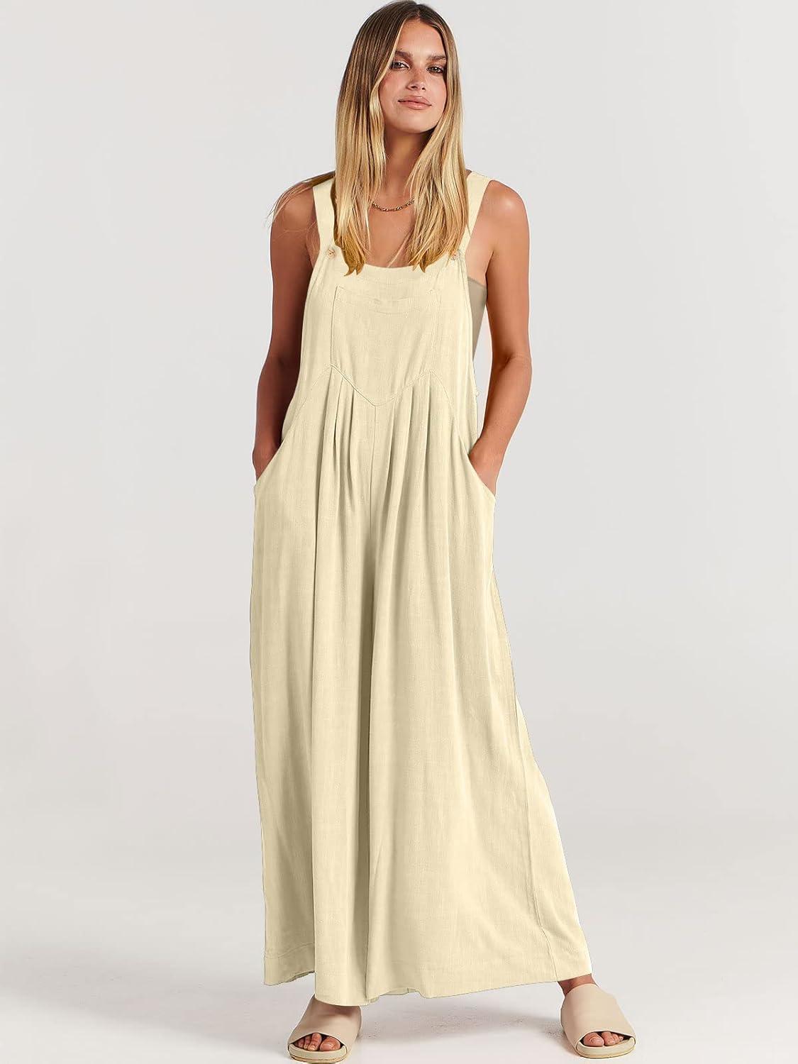 imageANRABESS Womens Jumpsuits Overalls Wide Leg Casual Summer Outfits Linen Rompers Jumpers Sleeveless Straps 2025 ClothesApricot