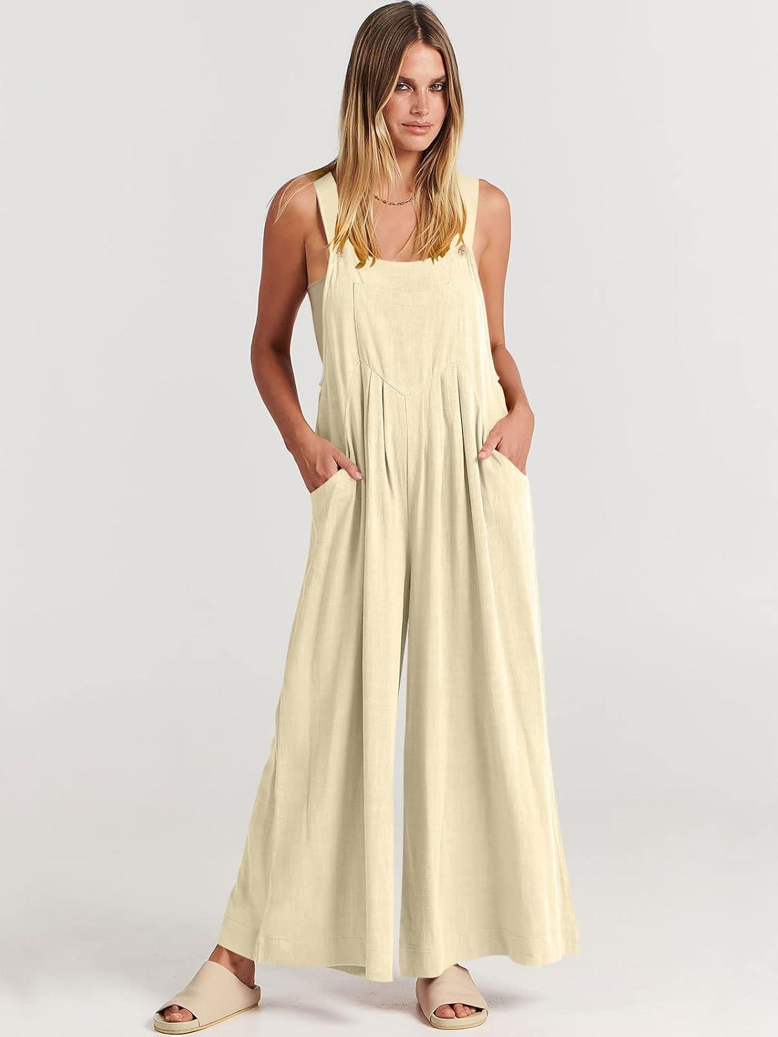 imageANRABESS Womens Jumpsuits Overalls Wide Leg Casual Summer Outfits Linen Rompers Jumpers Sleeveless Straps 2025 ClothesApricot